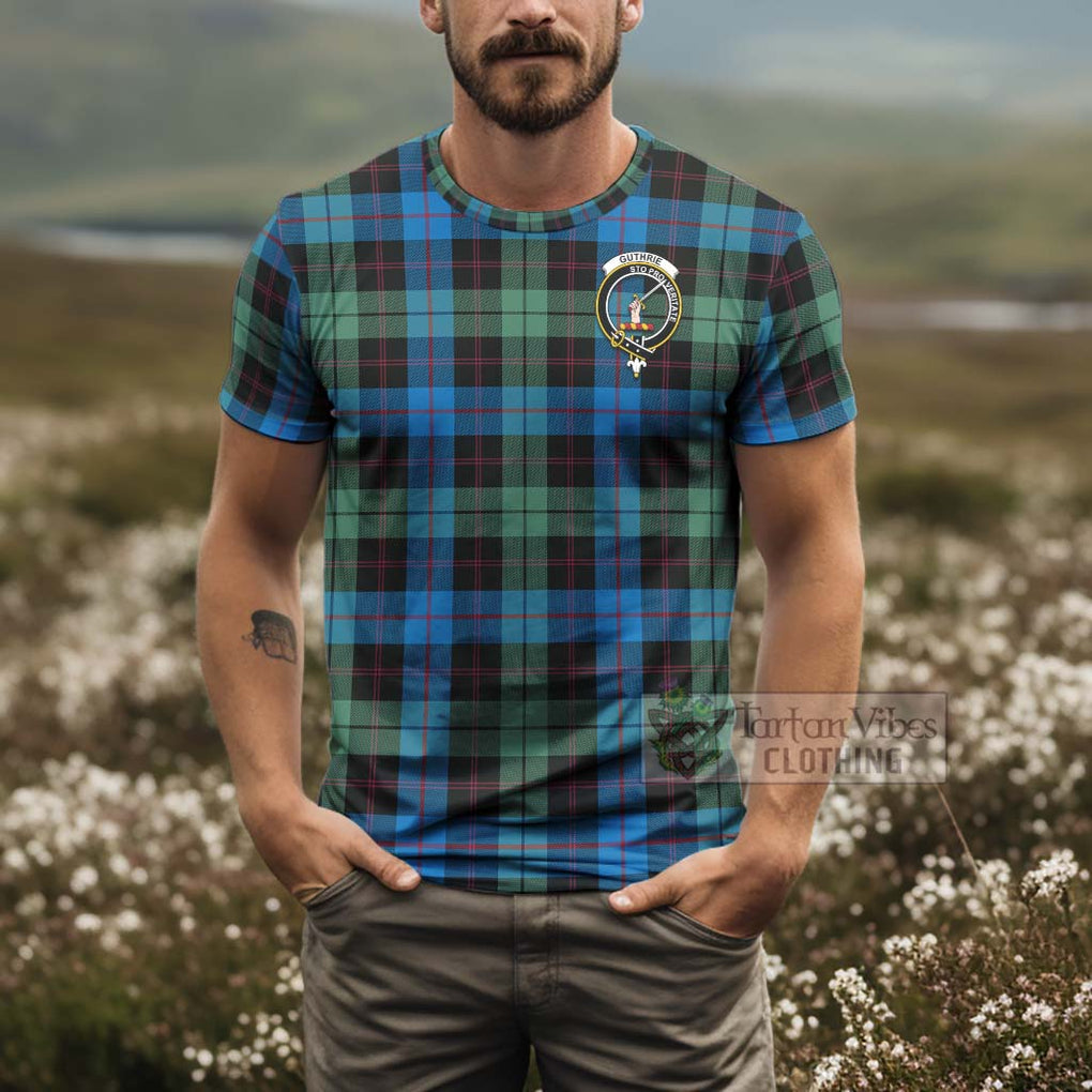 Tartan Vibes Clothing Guthrie Tartan T-Shirt with Family Crest and Bearded Skull Holding Bottles of Whiskey