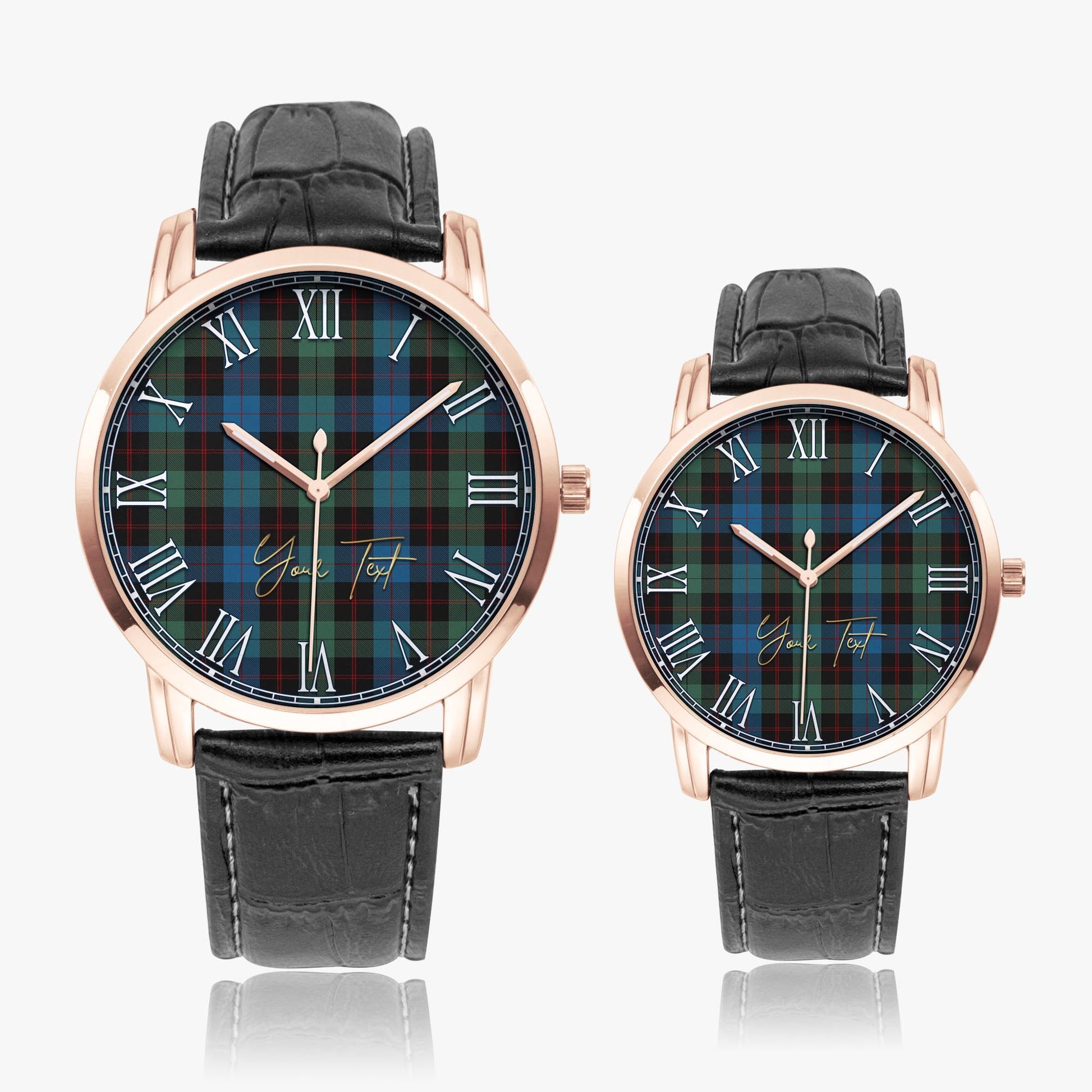 Guthrie Tartan Personalized Your Text Leather Trap Quartz Watch Wide Type Rose Gold Case With Black Leather Strap - Tartanvibesclothing