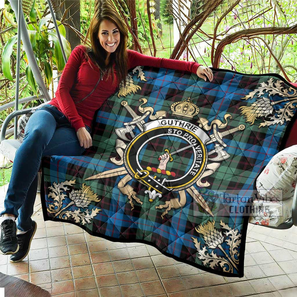 Tartan Vibes Clothing Guthrie Tartan Quilt with Family Crest and Scottish Golden Courage Shield