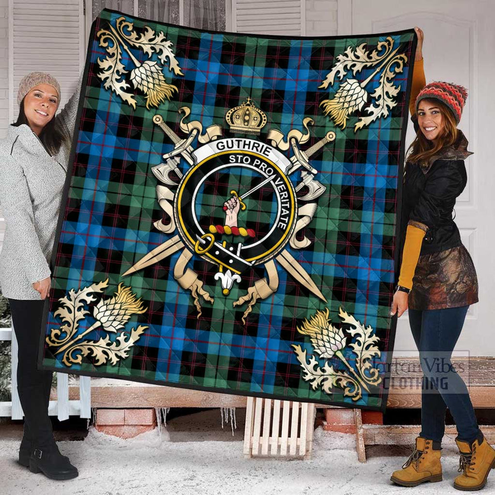 Tartan Vibes Clothing Guthrie Tartan Quilt with Family Crest and Scottish Golden Courage Shield