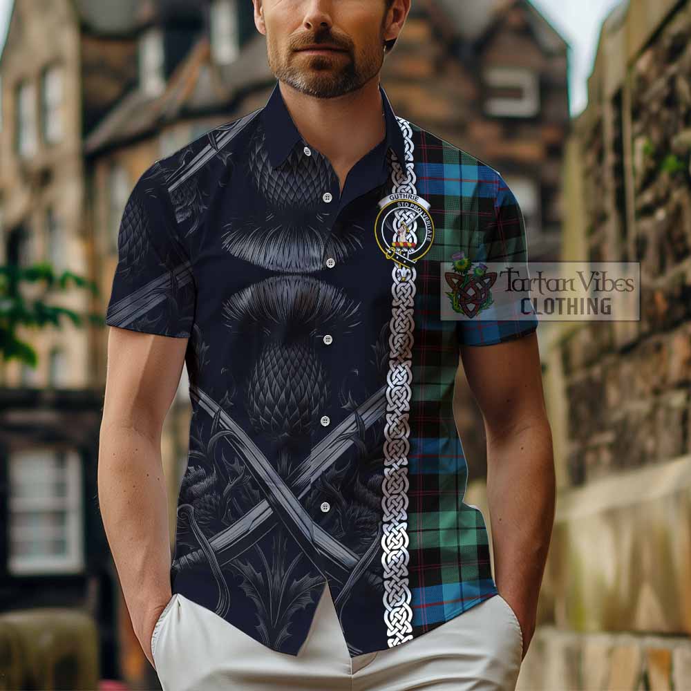 Tartan Vibes Clothing Guthrie Tartan Short Sleeve Button Shirt with Family Crest Cross Sword Thistle Celtic Vibes