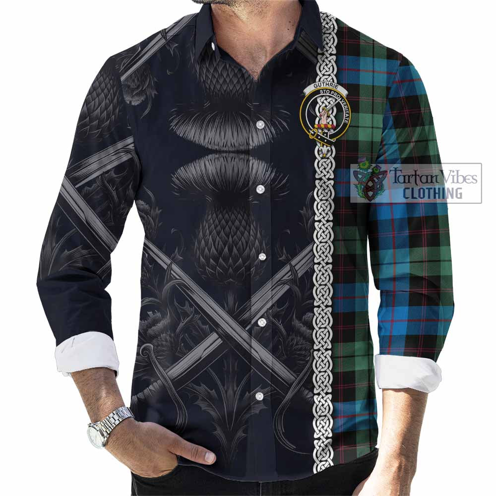 Tartan Vibes Clothing Guthrie Tartan Long Sleeve Button Shirt with Family Crest Cross Sword Thistle Celtic Vibes