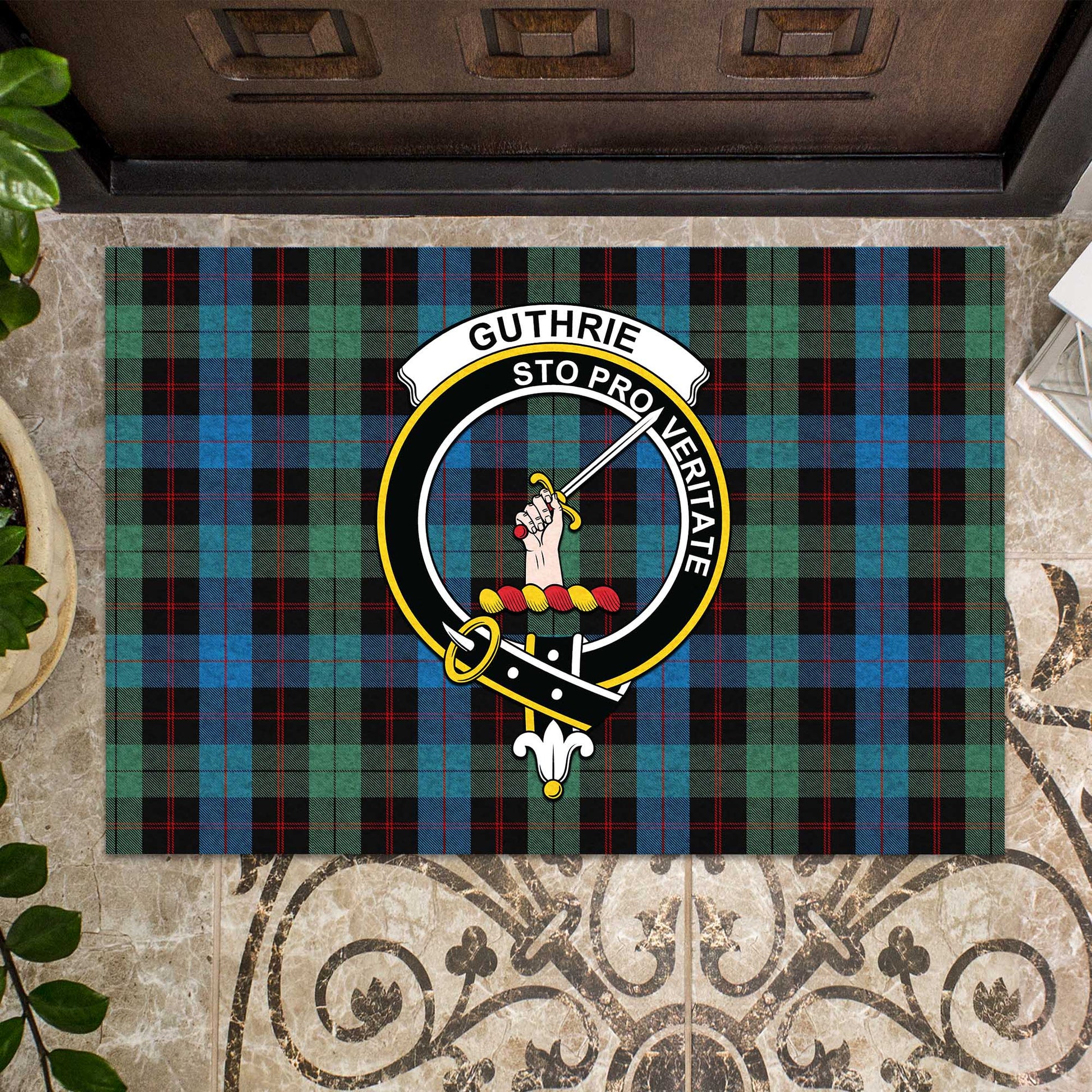 Guthrie Tartan Door Mat with Family Crest - Tartanvibesclothing