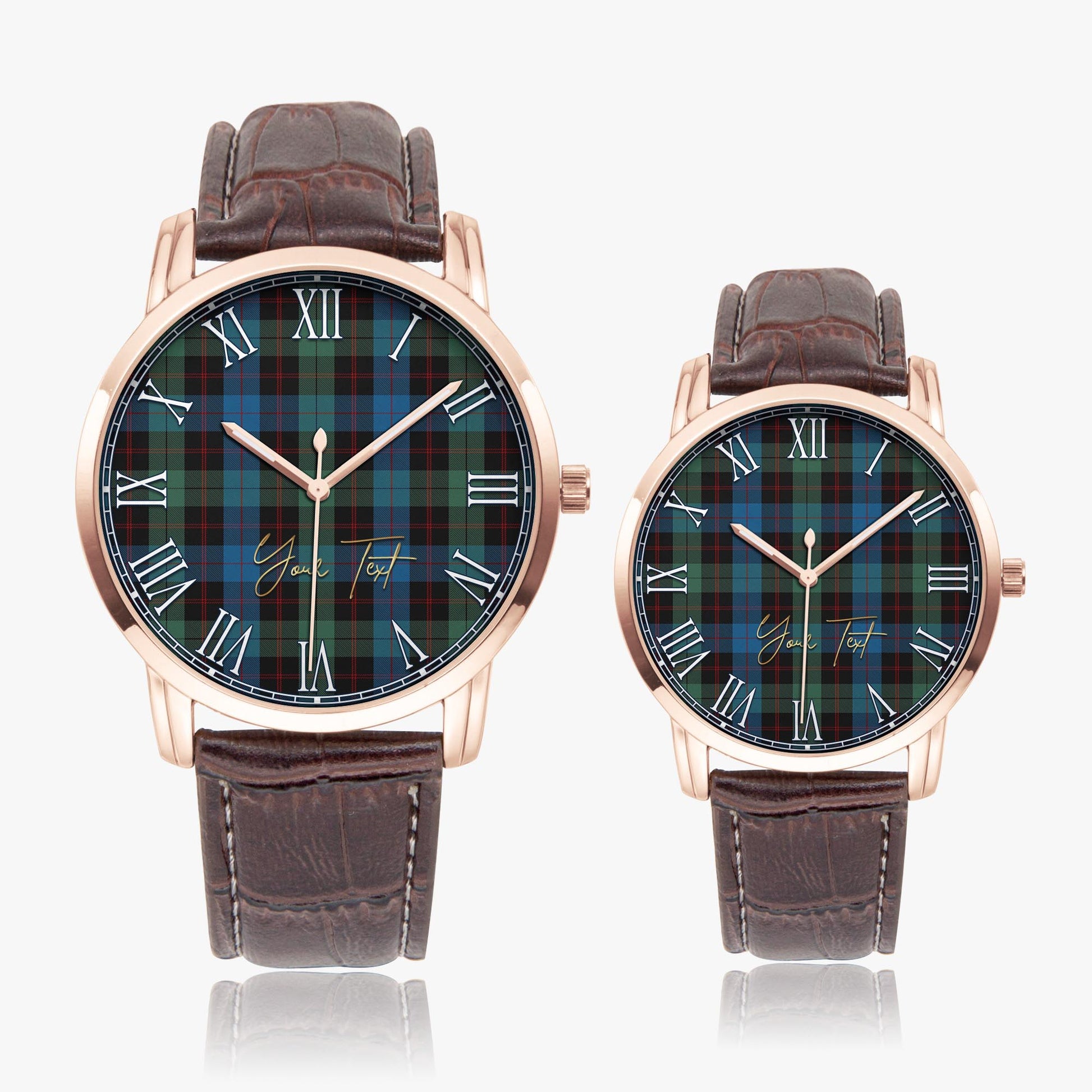 Guthrie Tartan Personalized Your Text Leather Trap Quartz Watch Wide Type Rose Gold Case With Brown Leather Strap - Tartanvibesclothing