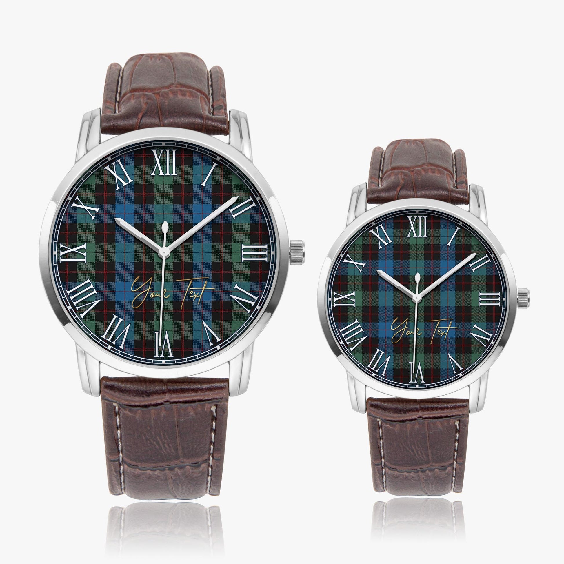 Guthrie Tartan Personalized Your Text Leather Trap Quartz Watch Wide Type Silver Case With Brown Leather Strap - Tartanvibesclothing