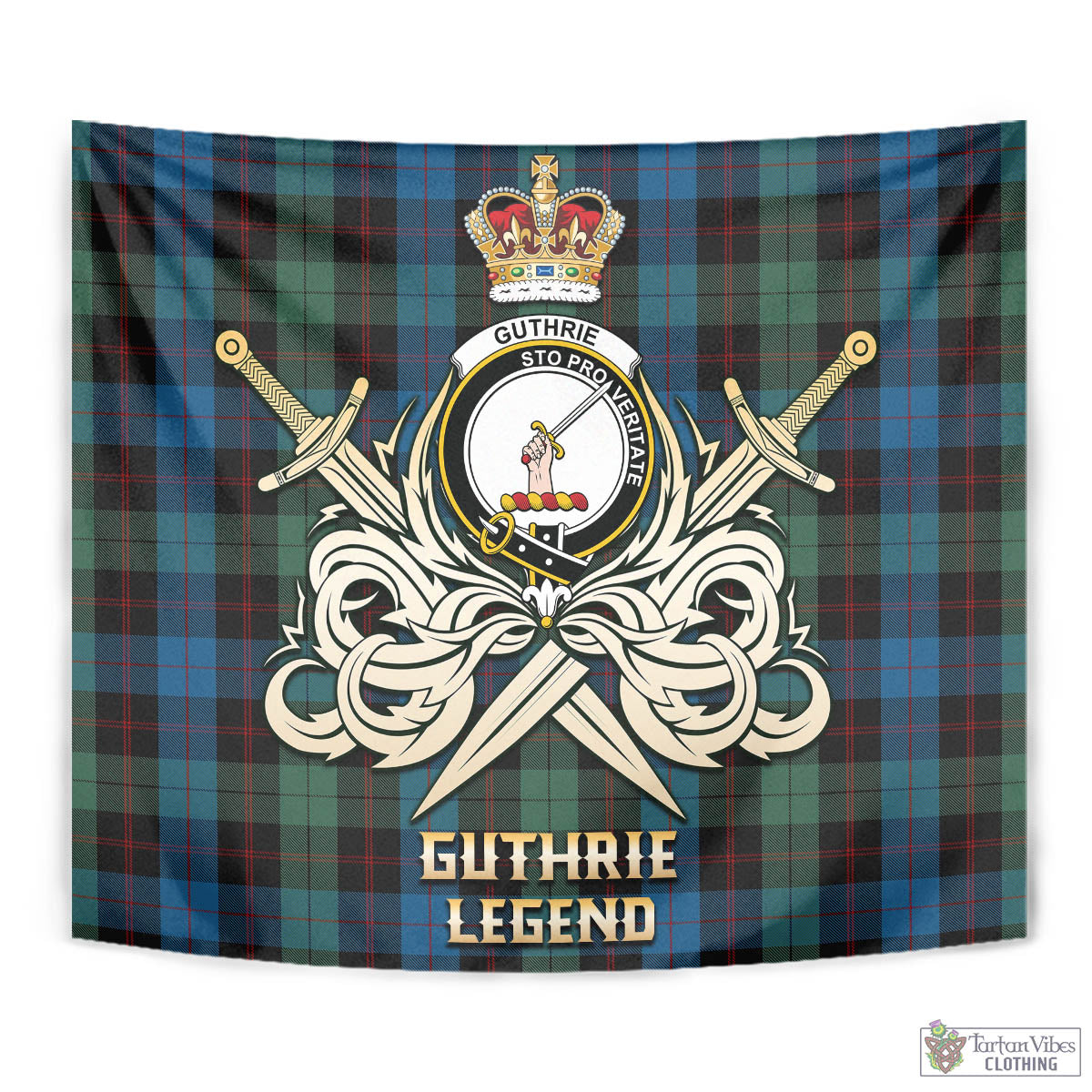 Tartan Vibes Clothing Guthrie Tartan Tapestry with Clan Crest and the Golden Sword of Courageous Legacy