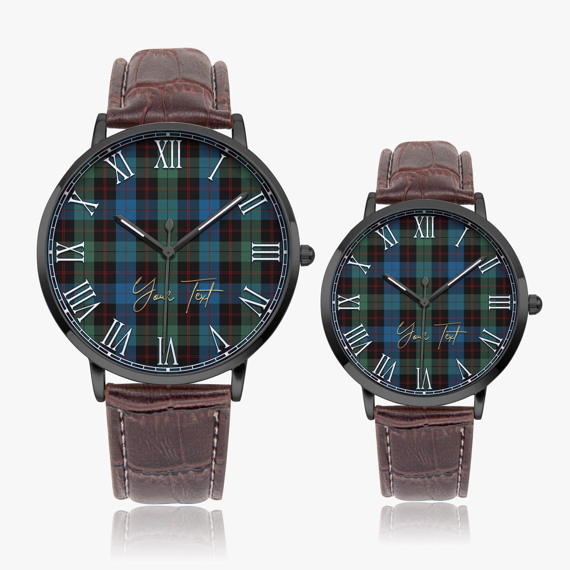 Guthrie Tartan Personalized Your Text Leather Trap Quartz Watch Ultra Thin Black Case With Brown Leather Strap - Tartanvibesclothing