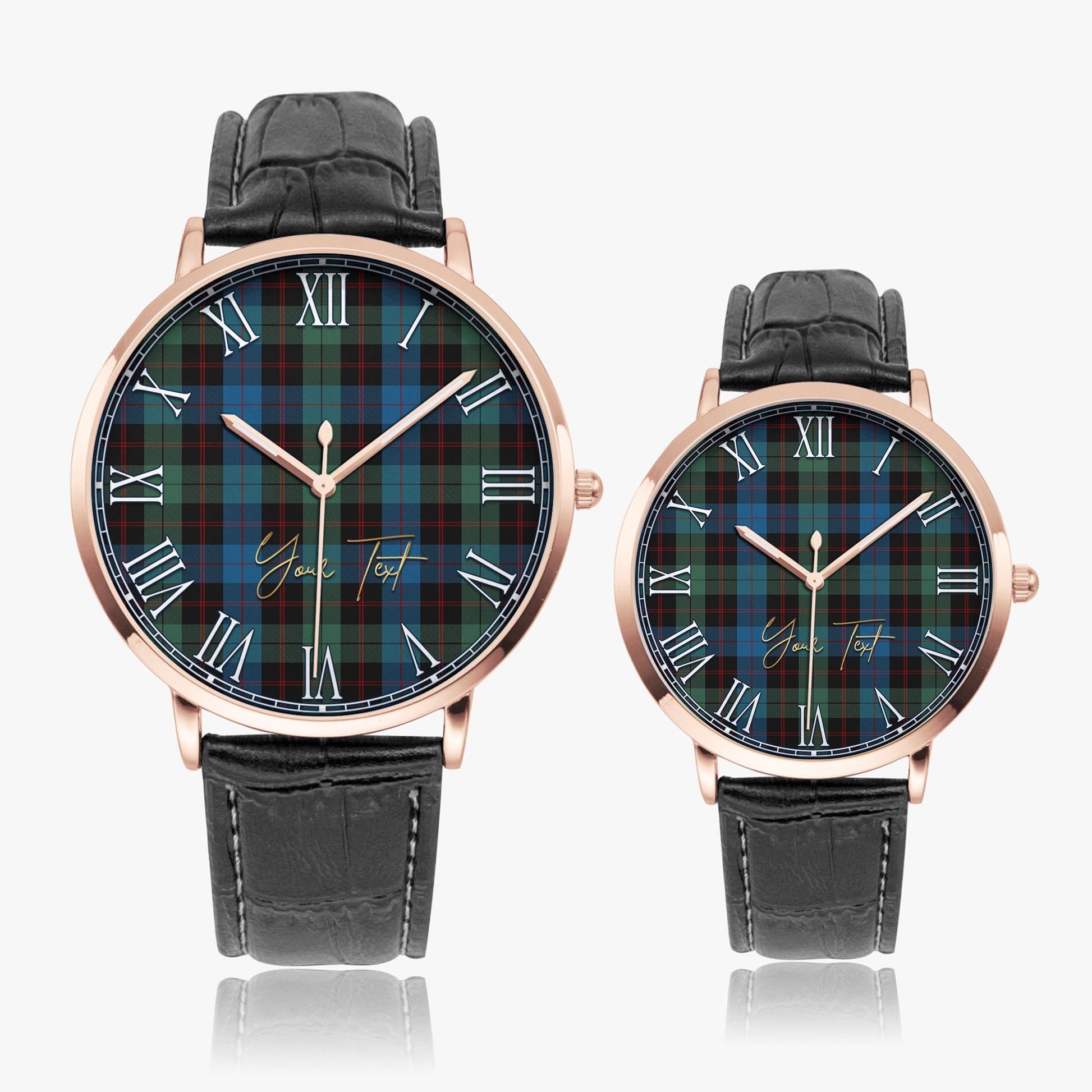 Guthrie Tartan Personalized Your Text Leather Trap Quartz Watch Ultra Thin Rose Gold Case With Black Leather Strap - Tartanvibesclothing