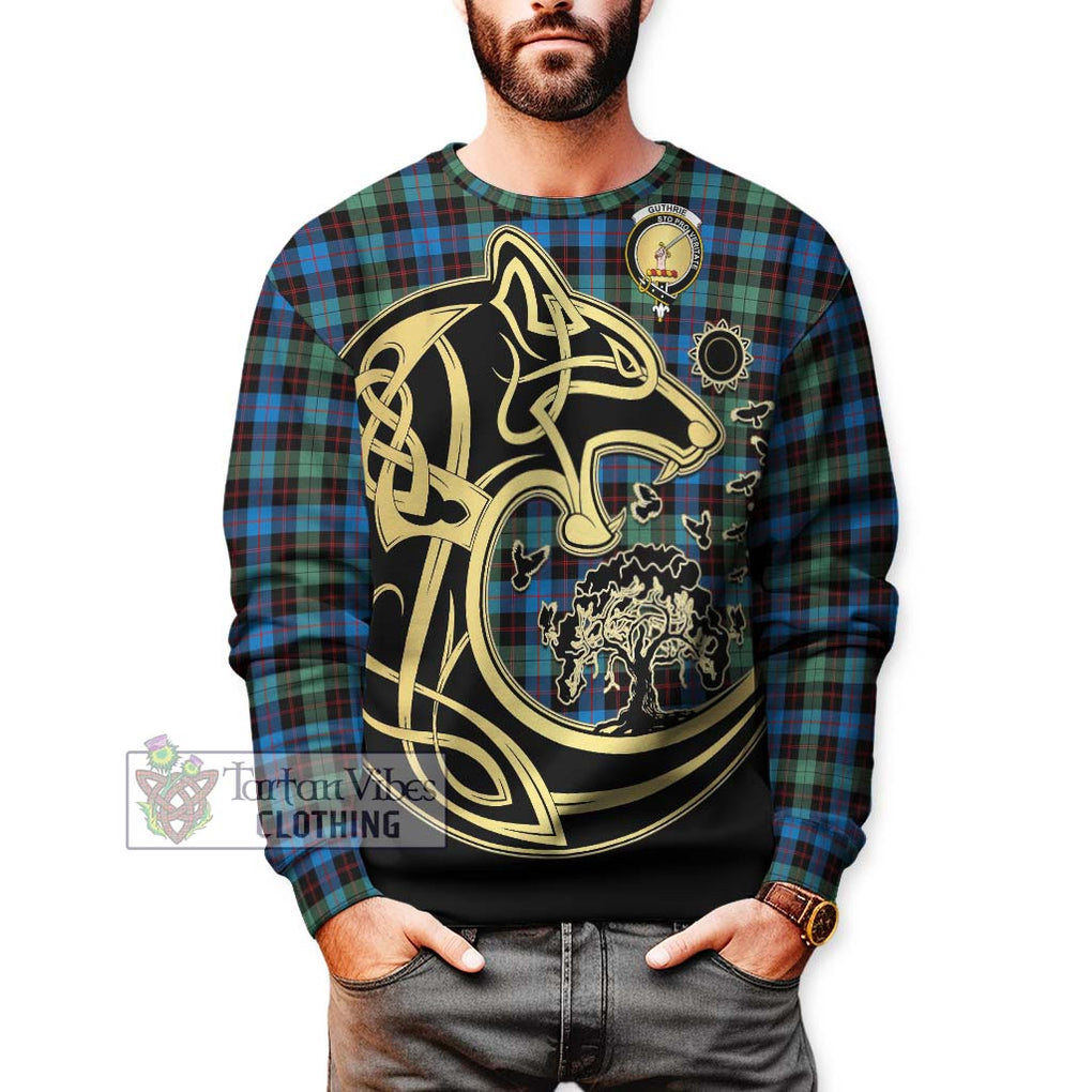 Guthrie Ancient Tartan Sweatshirt with Family Crest Celtic Wolf Style Unisex - Tartan Vibes Clothing