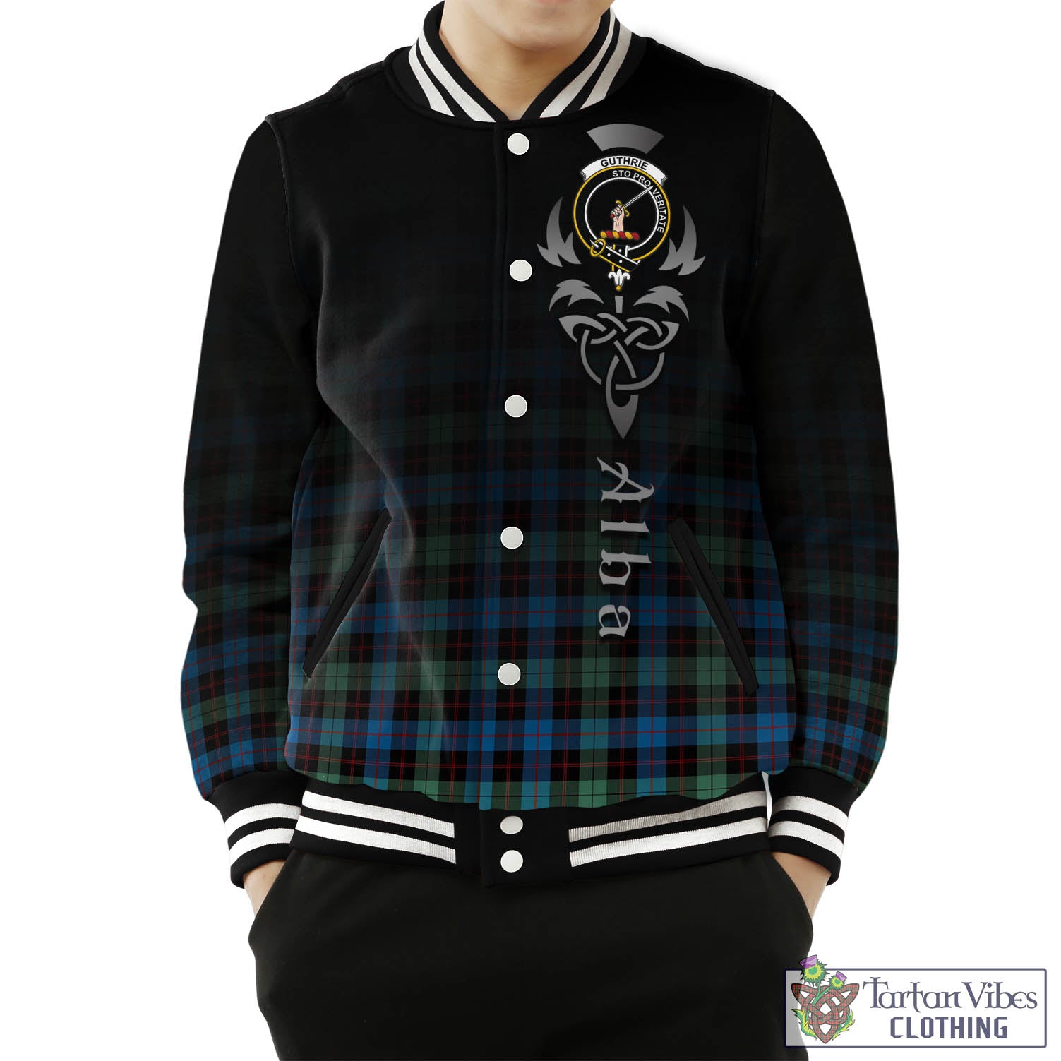 Tartan Vibes Clothing Guthrie Ancient Tartan Baseball Jacket Featuring Alba Gu Brath Family Crest Celtic Inspired