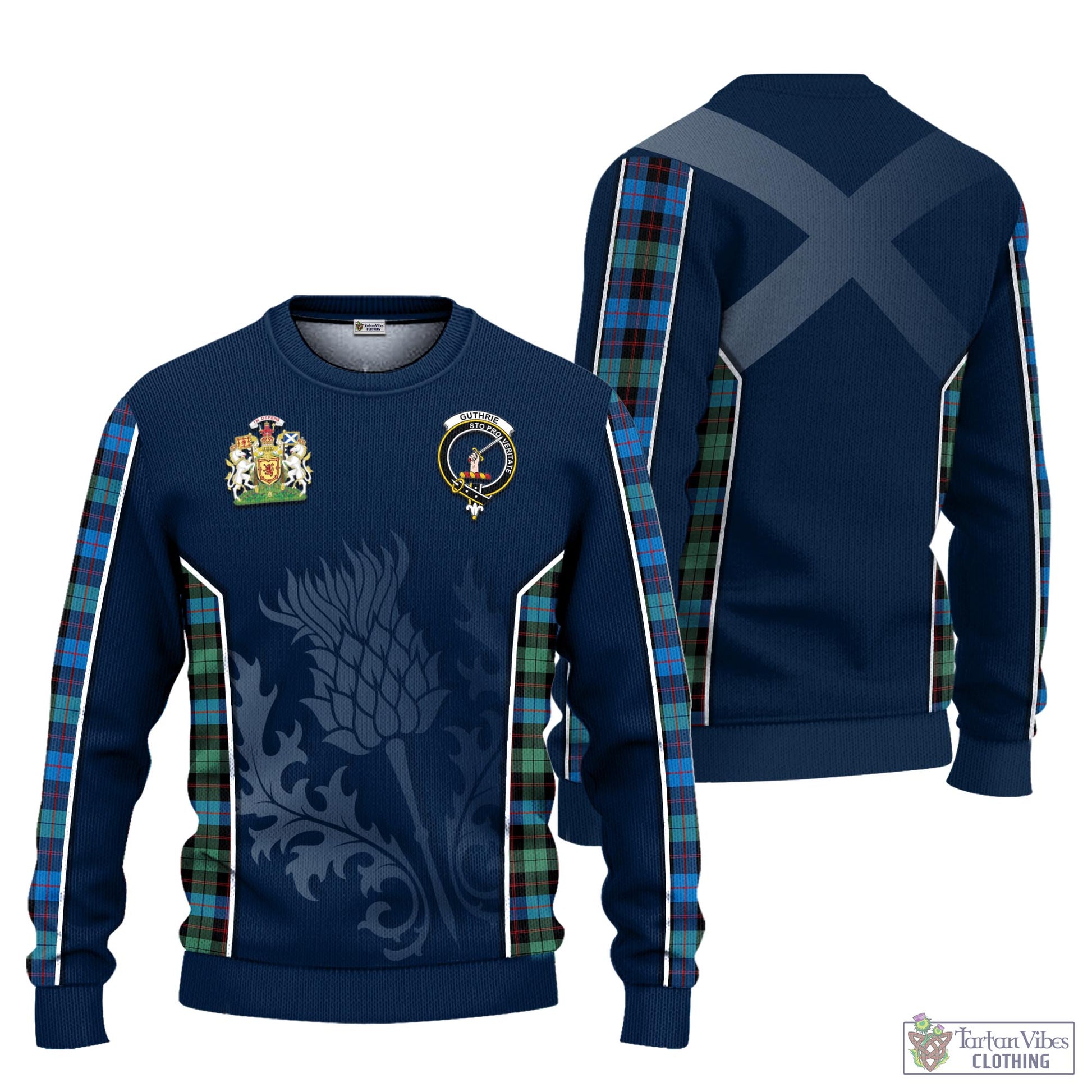 Tartan Vibes Clothing Guthrie Ancient Tartan Knitted Sweatshirt with Family Crest and Scottish Thistle Vibes Sport Style