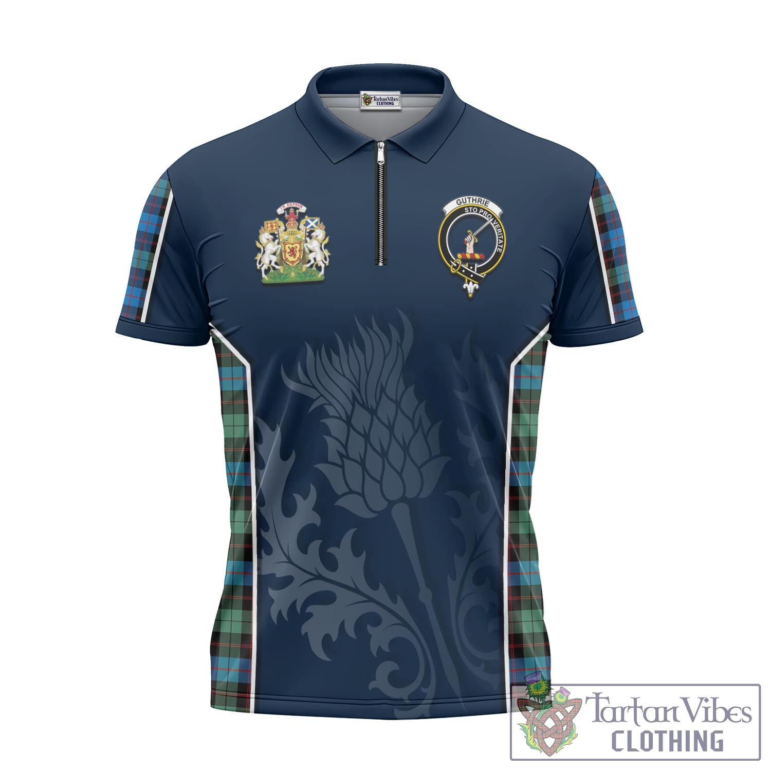 Tartan Vibes Clothing Guthrie Ancient Tartan Zipper Polo Shirt with Family Crest and Scottish Thistle Vibes Sport Style