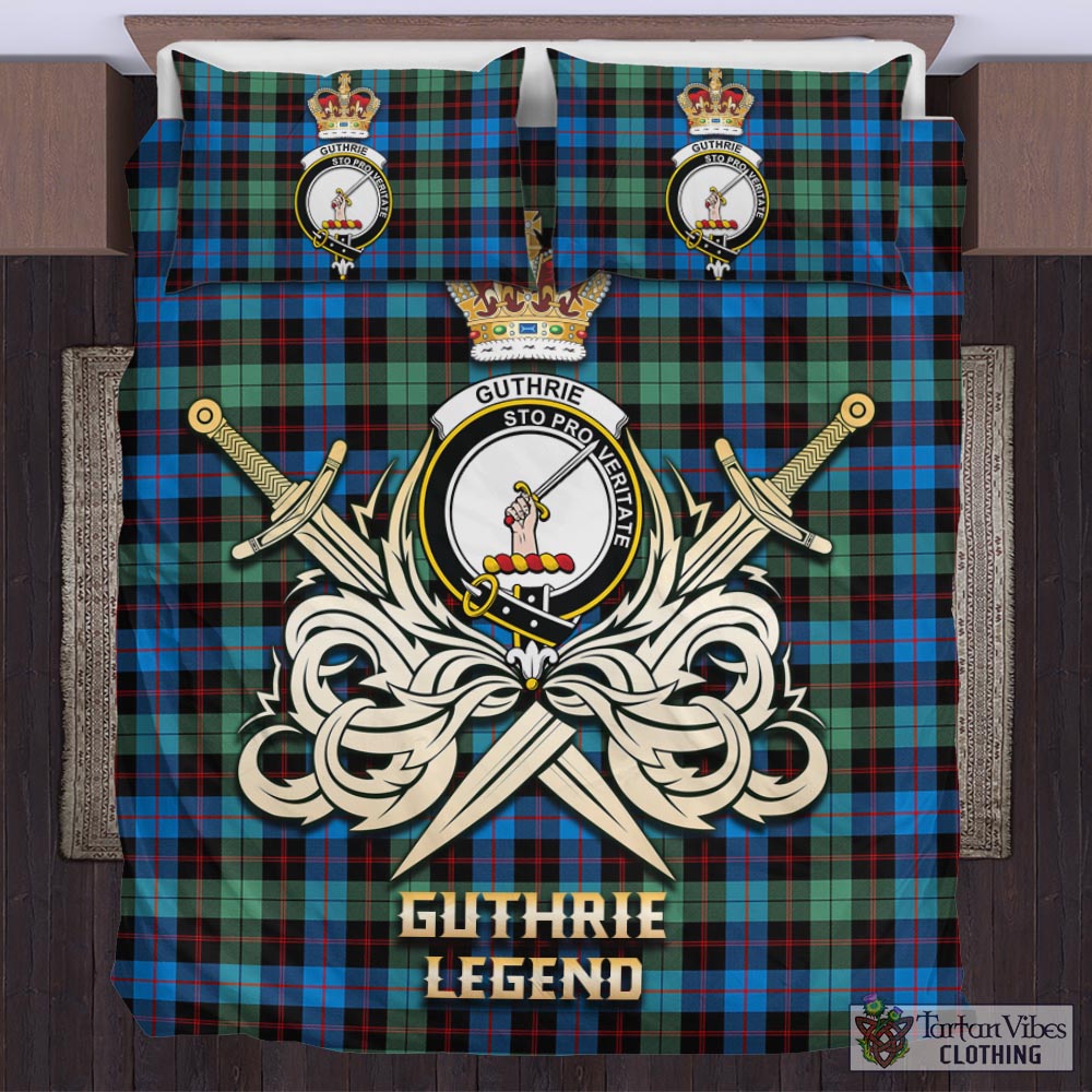 Tartan Vibes Clothing Guthrie Ancient Tartan Bedding Set with Clan Crest and the Golden Sword of Courageous Legacy