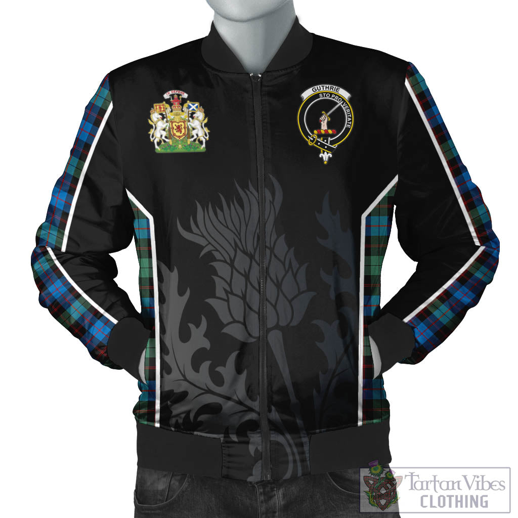 Tartan Vibes Clothing Guthrie Ancient Tartan Bomber Jacket with Family Crest and Scottish Thistle Vibes Sport Style