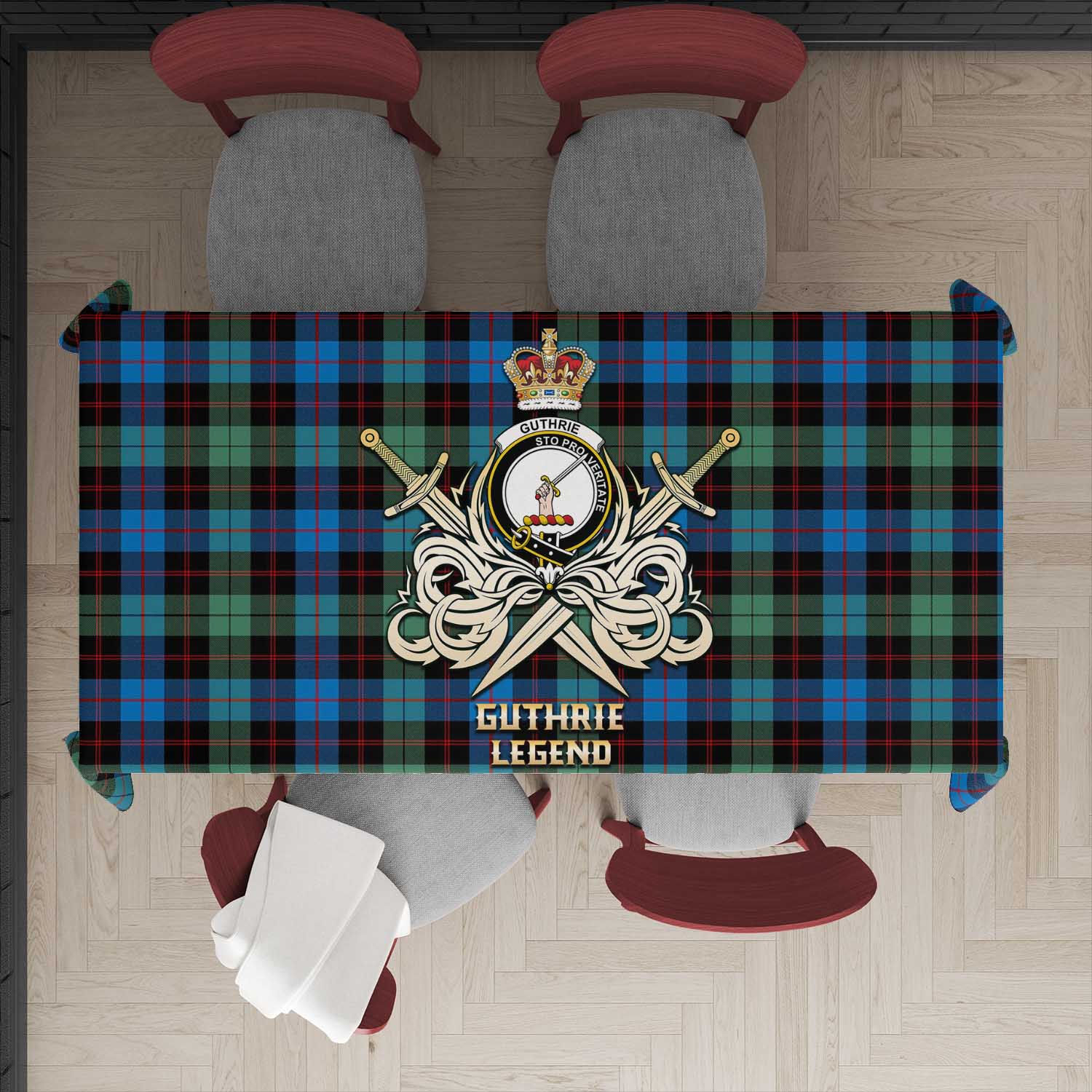 Tartan Vibes Clothing Guthrie Ancient Tartan Tablecloth with Clan Crest and the Golden Sword of Courageous Legacy