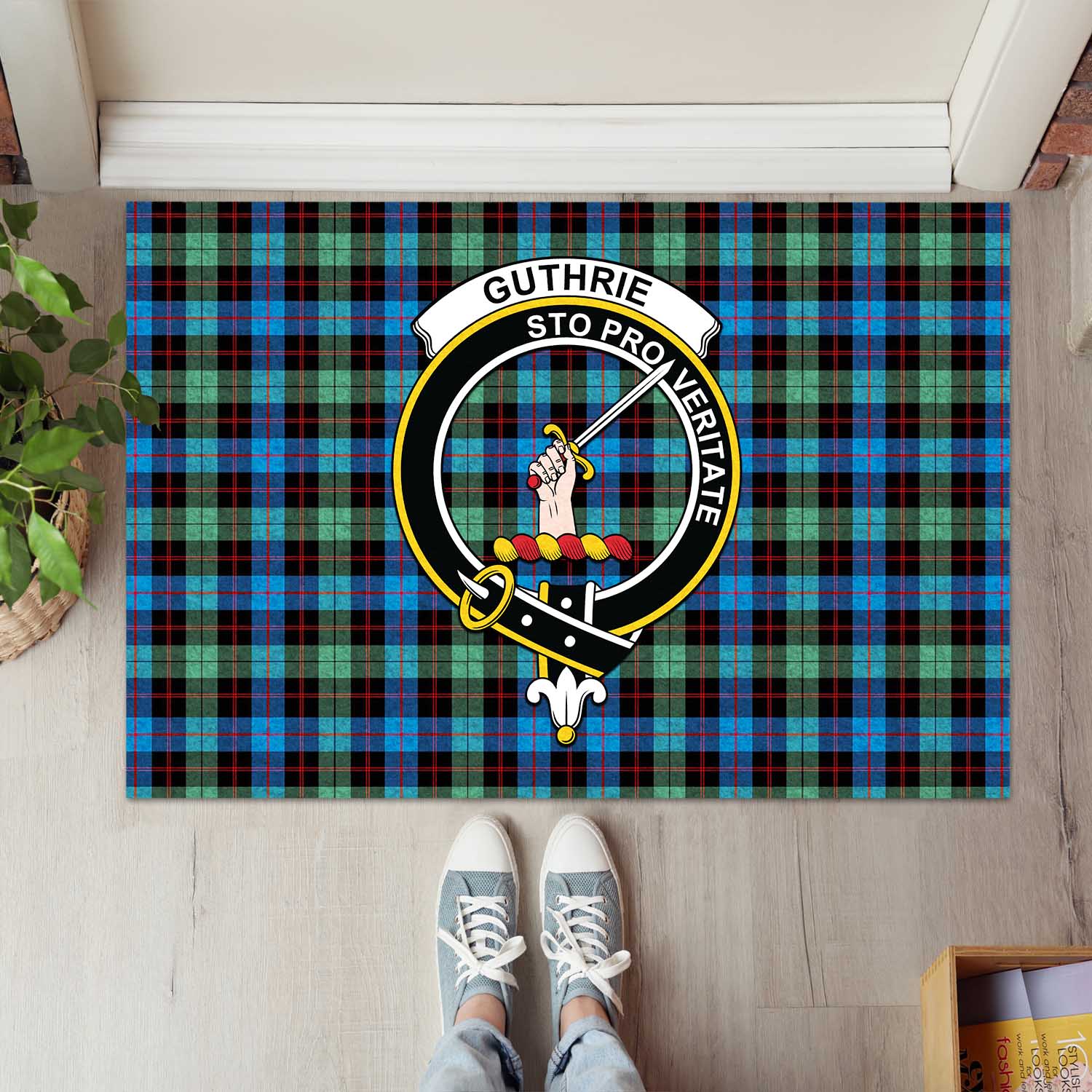 Guthrie Ancient Tartan Door Mat with Family Crest - Tartanvibesclothing