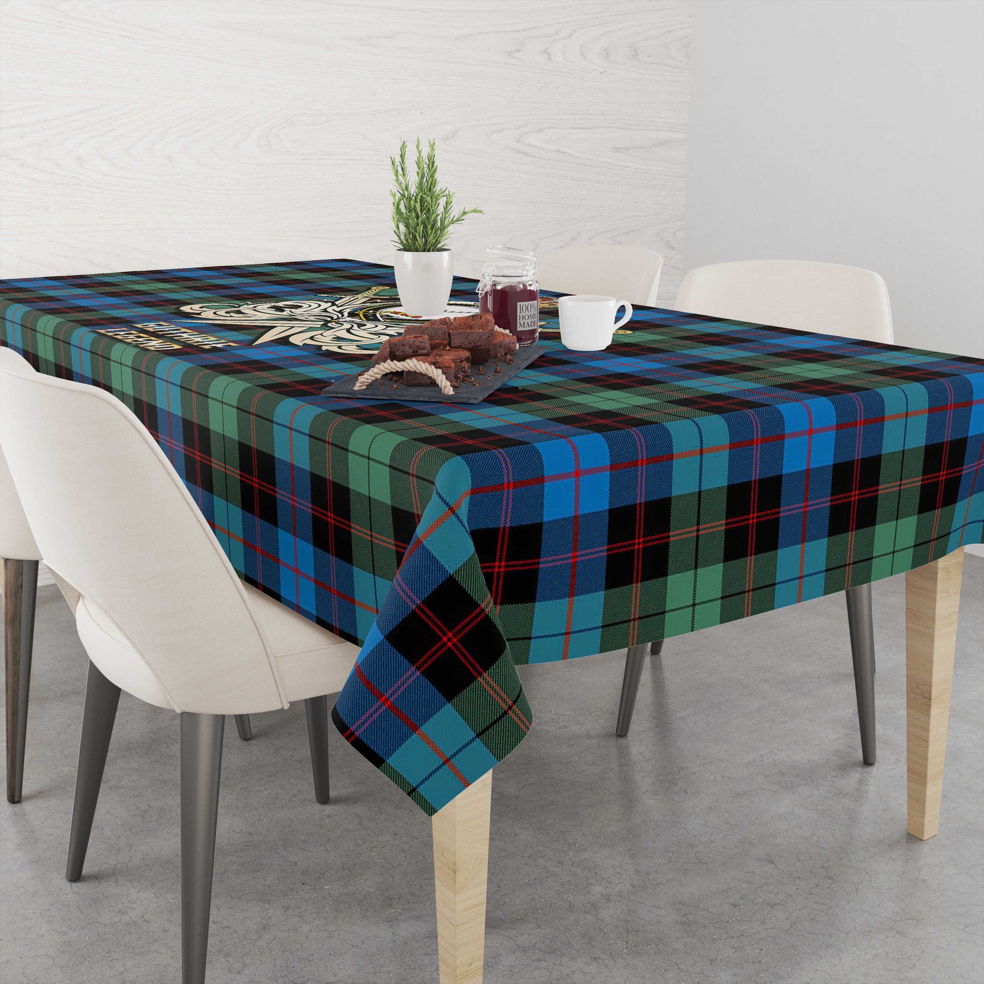 Tartan Vibes Clothing Guthrie Ancient Tartan Tablecloth with Clan Crest and the Golden Sword of Courageous Legacy