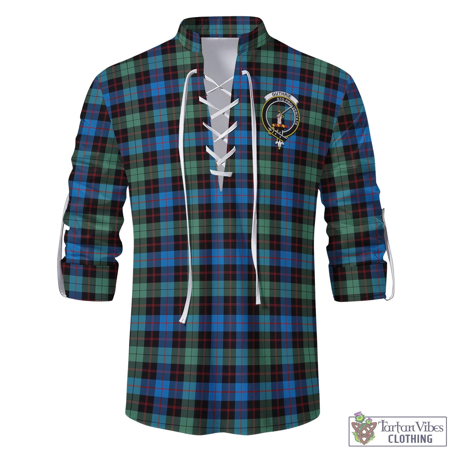 Tartan Vibes Clothing Guthrie Ancient Tartan Men's Scottish Traditional Jacobite Ghillie Kilt Shirt with Family Crest