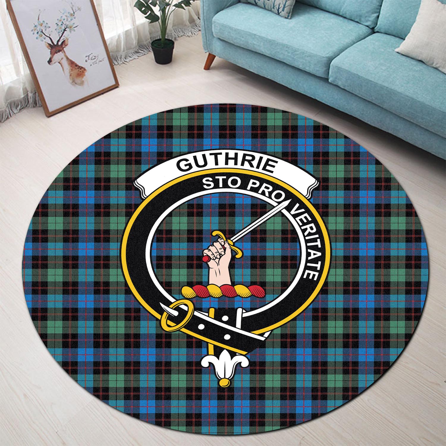 guthrie-ancient-tartan-round-rug-with-family-crest