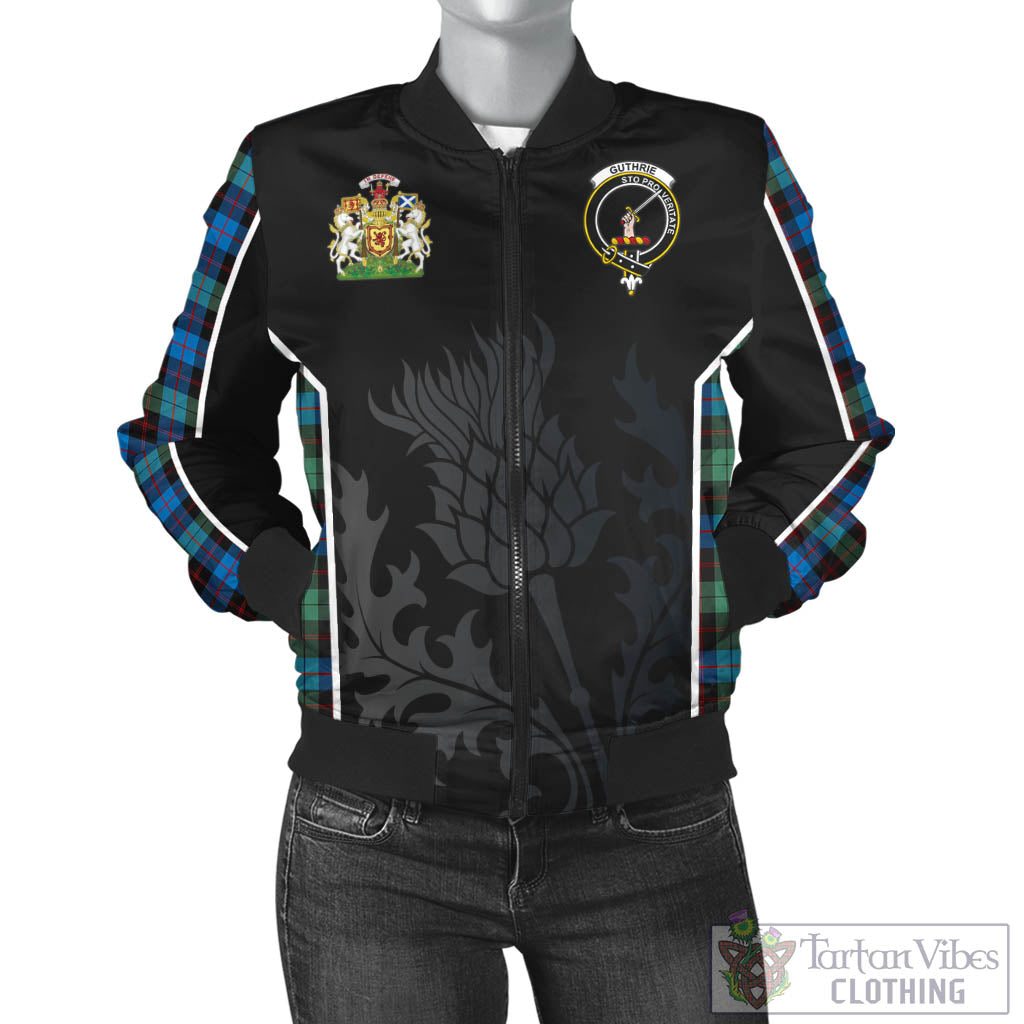 Tartan Vibes Clothing Guthrie Ancient Tartan Bomber Jacket with Family Crest and Scottish Thistle Vibes Sport Style