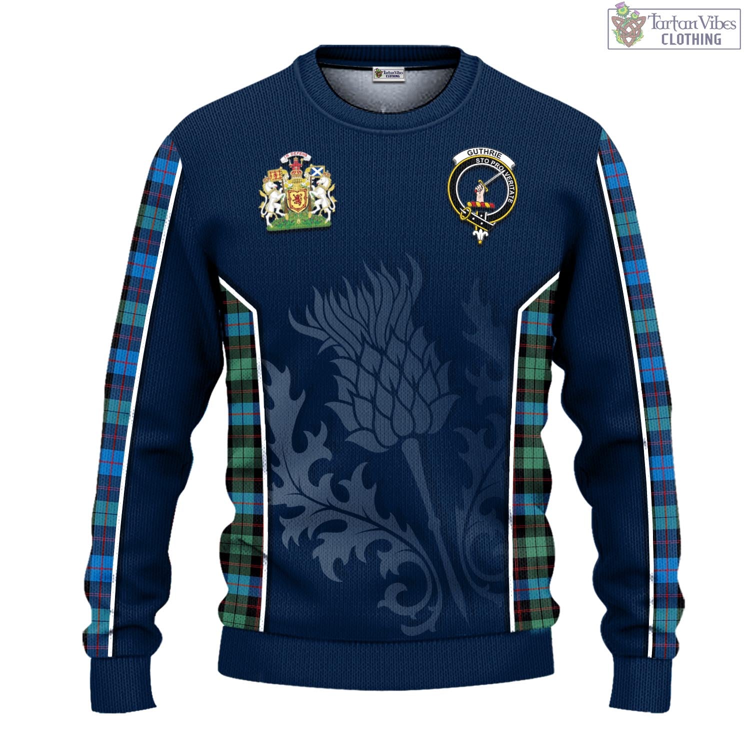 Tartan Vibes Clothing Guthrie Ancient Tartan Knitted Sweatshirt with Family Crest and Scottish Thistle Vibes Sport Style