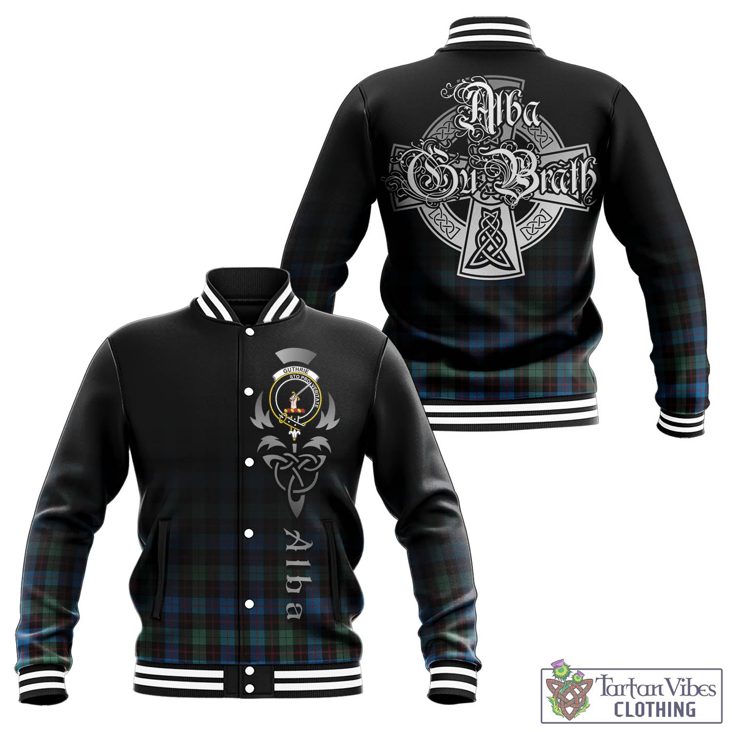 Tartan Vibes Clothing Guthrie Ancient Tartan Baseball Jacket Featuring Alba Gu Brath Family Crest Celtic Inspired