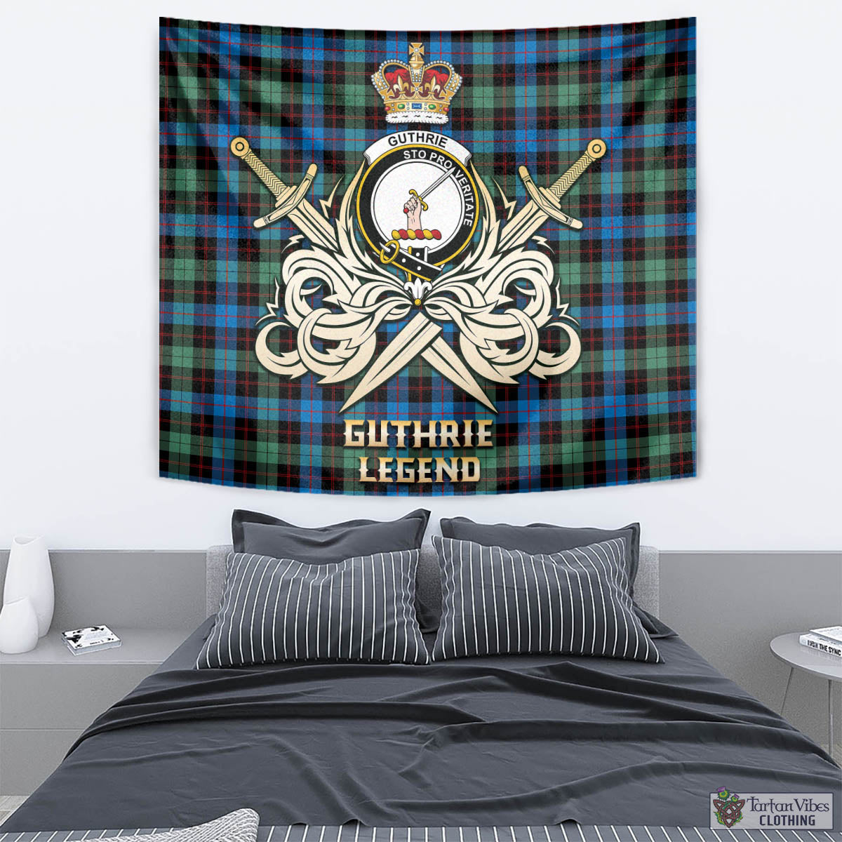 Tartan Vibes Clothing Guthrie Ancient Tartan Tapestry with Clan Crest and the Golden Sword of Courageous Legacy