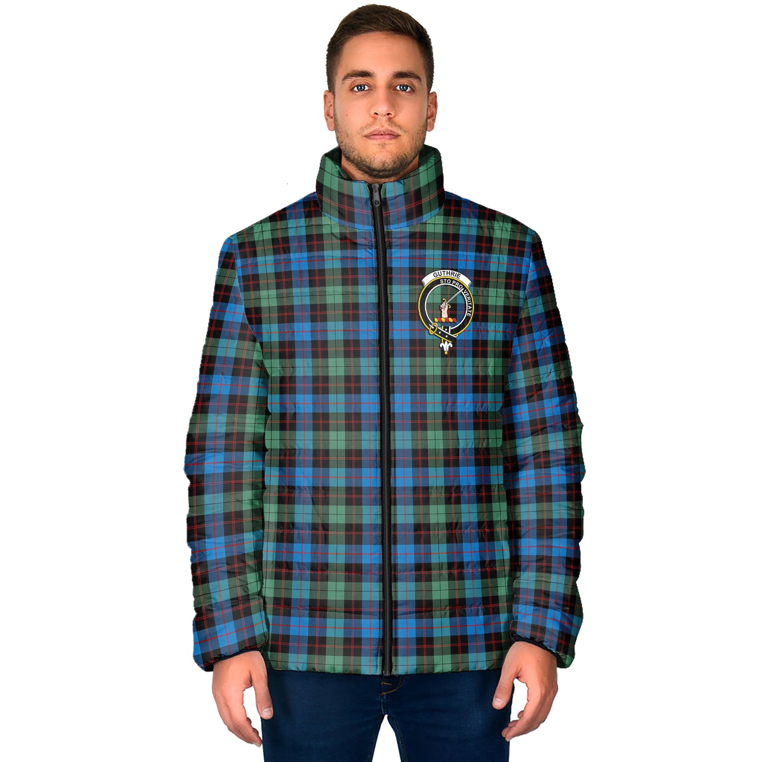 Guthrie Ancient Tartan Padded Jacket with Family Crest - Tartan Vibes Clothing