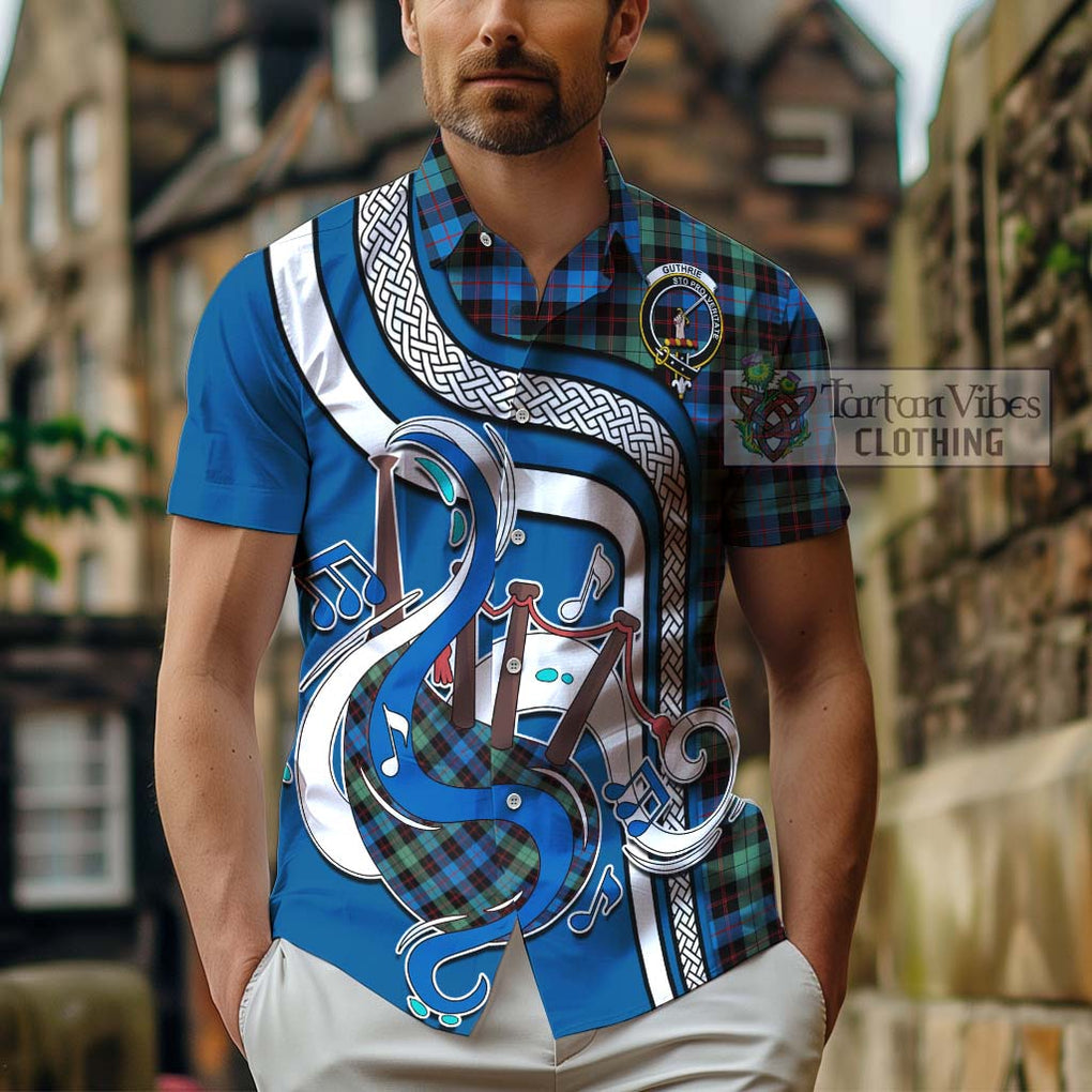 Guthrie Ancient Tartan Short Sleeve Button Shirt with Epic Bagpipe Style - Tartanvibesclothing Shop