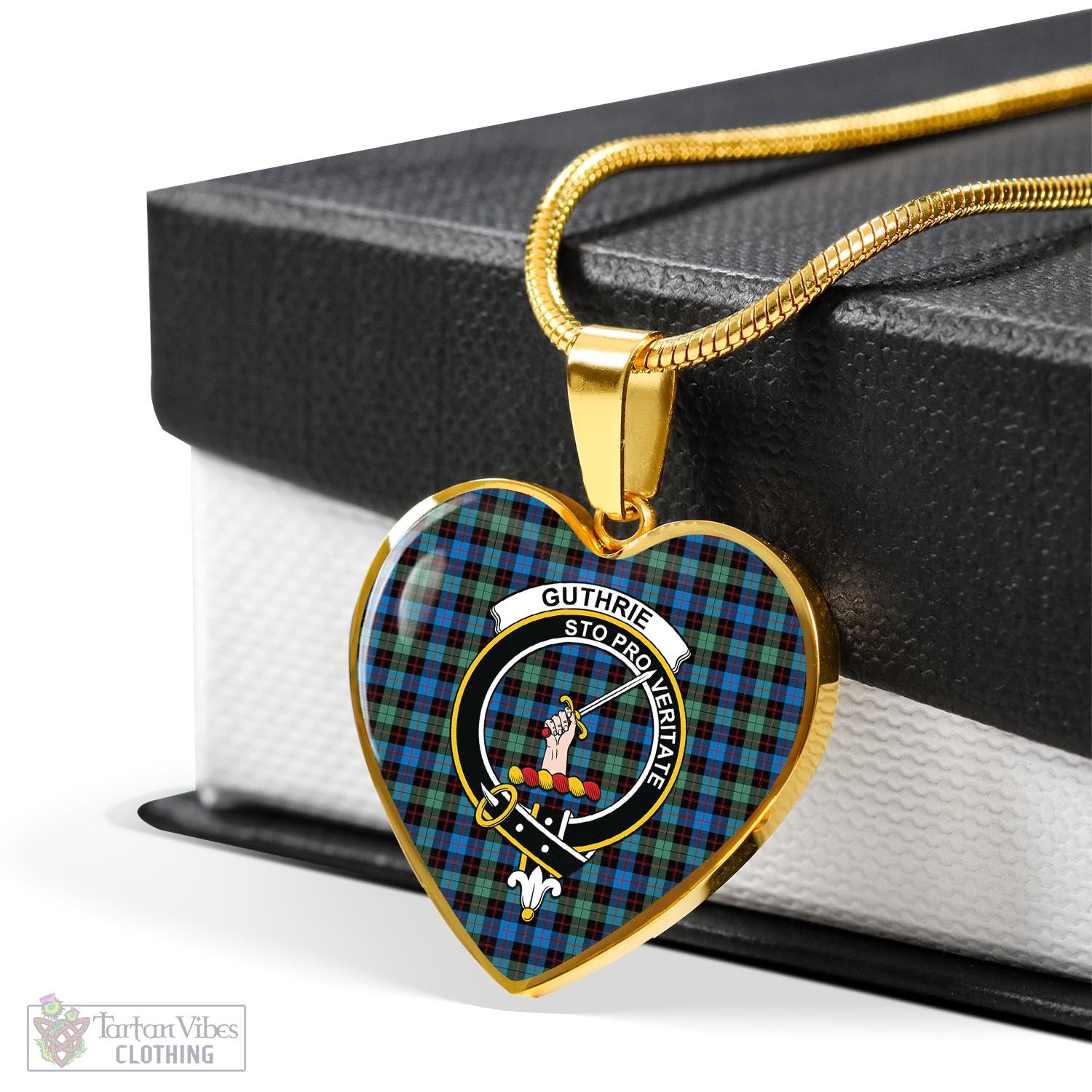 Tartan Vibes Clothing Guthrie Ancient Tartan Heart Necklace with Family Crest