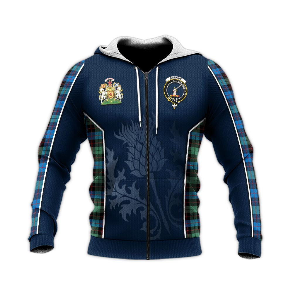 Tartan Vibes Clothing Guthrie Ancient Tartan Knitted Hoodie with Family Crest and Scottish Thistle Vibes Sport Style