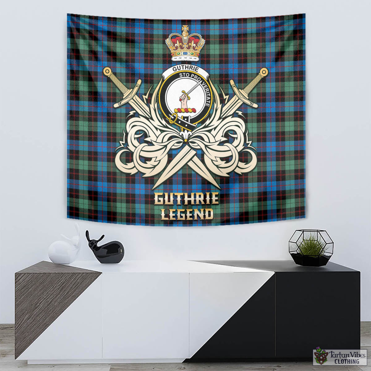 Tartan Vibes Clothing Guthrie Ancient Tartan Tapestry with Clan Crest and the Golden Sword of Courageous Legacy