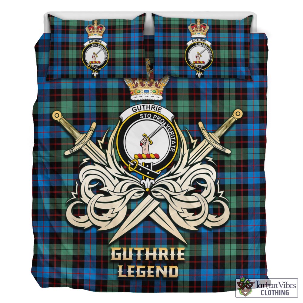 Tartan Vibes Clothing Guthrie Ancient Tartan Bedding Set with Clan Crest and the Golden Sword of Courageous Legacy