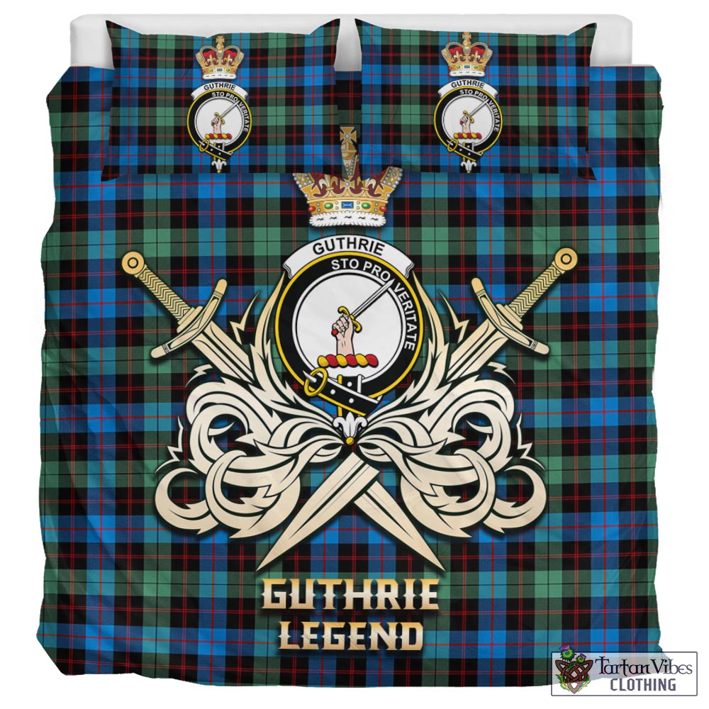 Tartan Vibes Clothing Guthrie Ancient Tartan Bedding Set with Clan Crest and the Golden Sword of Courageous Legacy