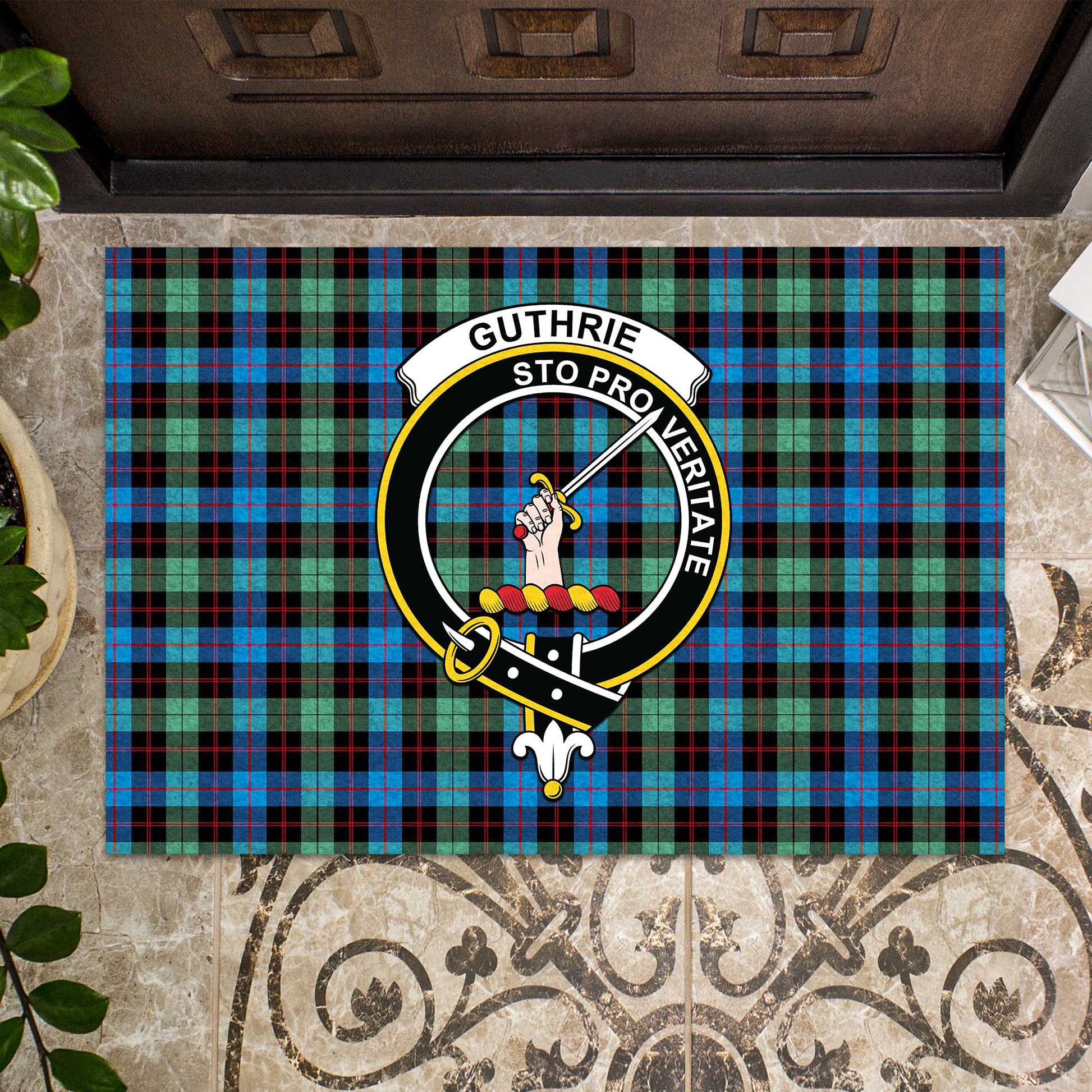 Guthrie Ancient Tartan Door Mat with Family Crest - Tartanvibesclothing