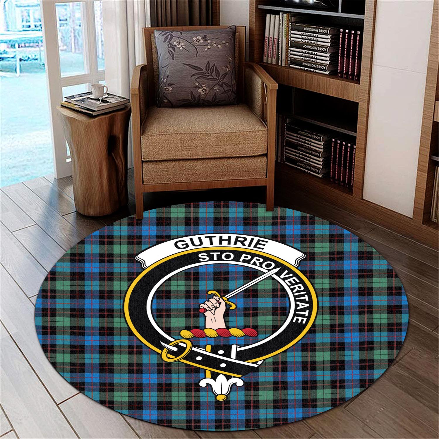 guthrie-ancient-tartan-round-rug-with-family-crest