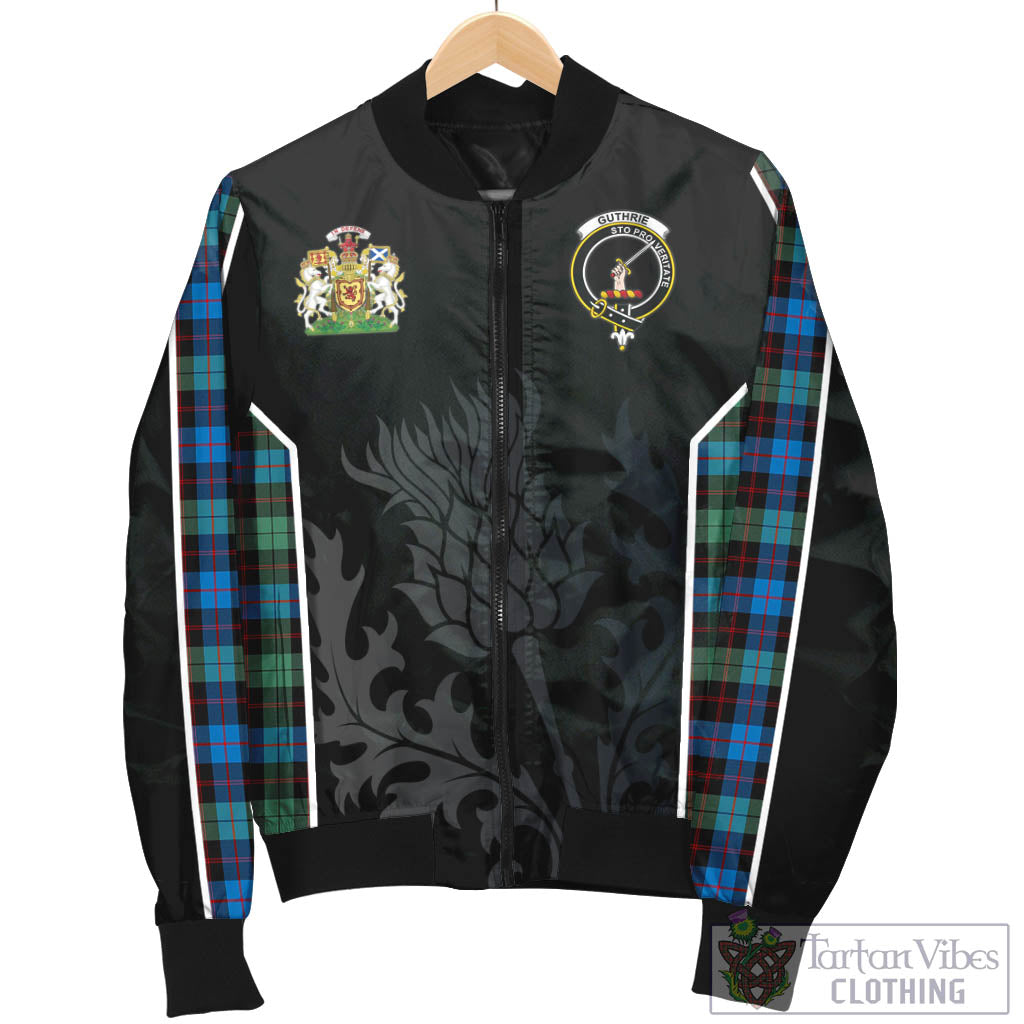 Tartan Vibes Clothing Guthrie Ancient Tartan Bomber Jacket with Family Crest and Scottish Thistle Vibes Sport Style