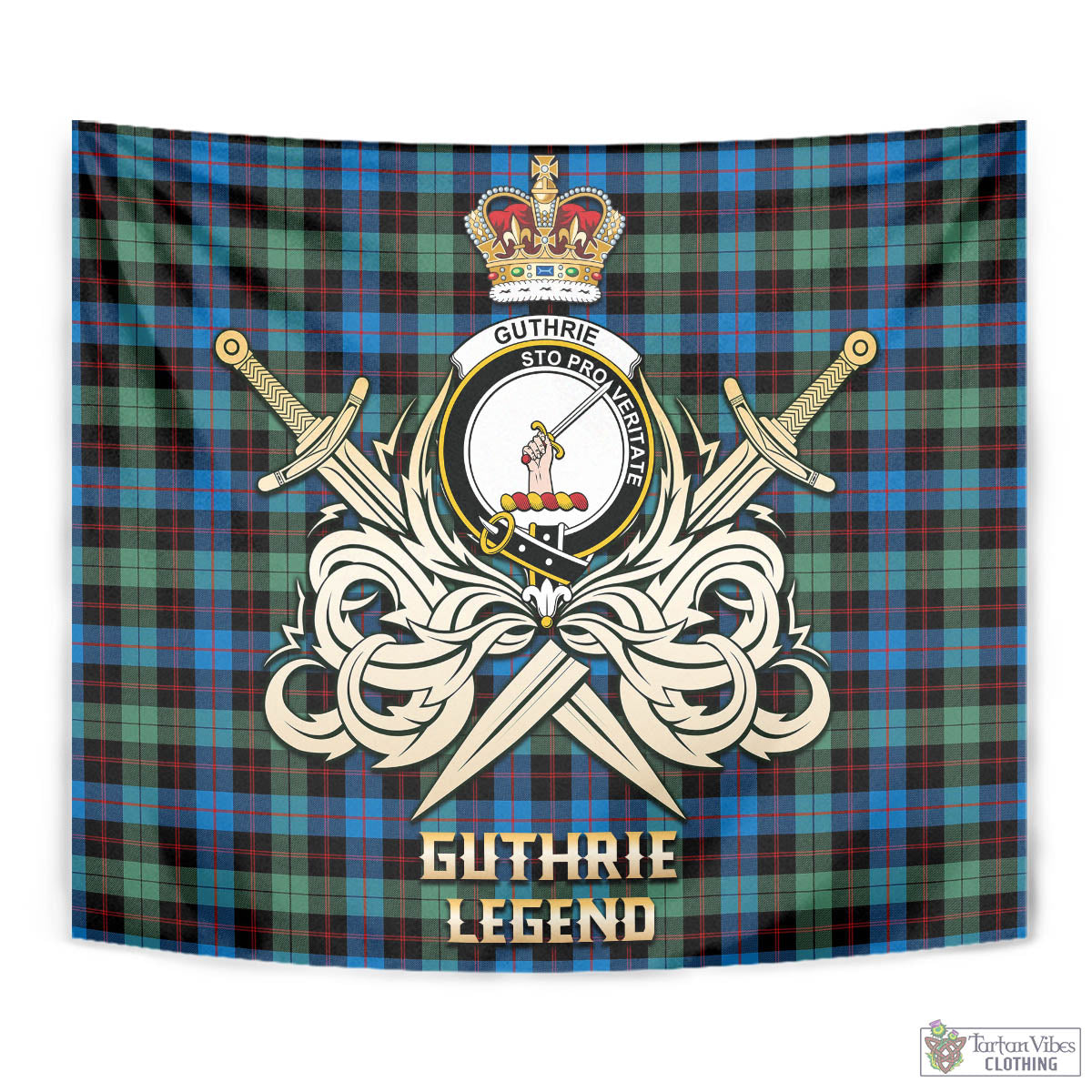 Tartan Vibes Clothing Guthrie Ancient Tartan Tapestry with Clan Crest and the Golden Sword of Courageous Legacy