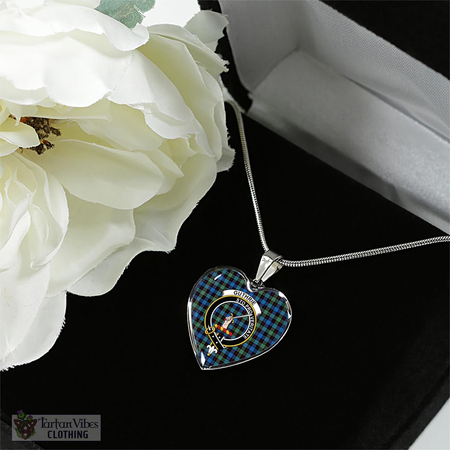 Tartan Vibes Clothing Guthrie Ancient Tartan Heart Necklace with Family Crest