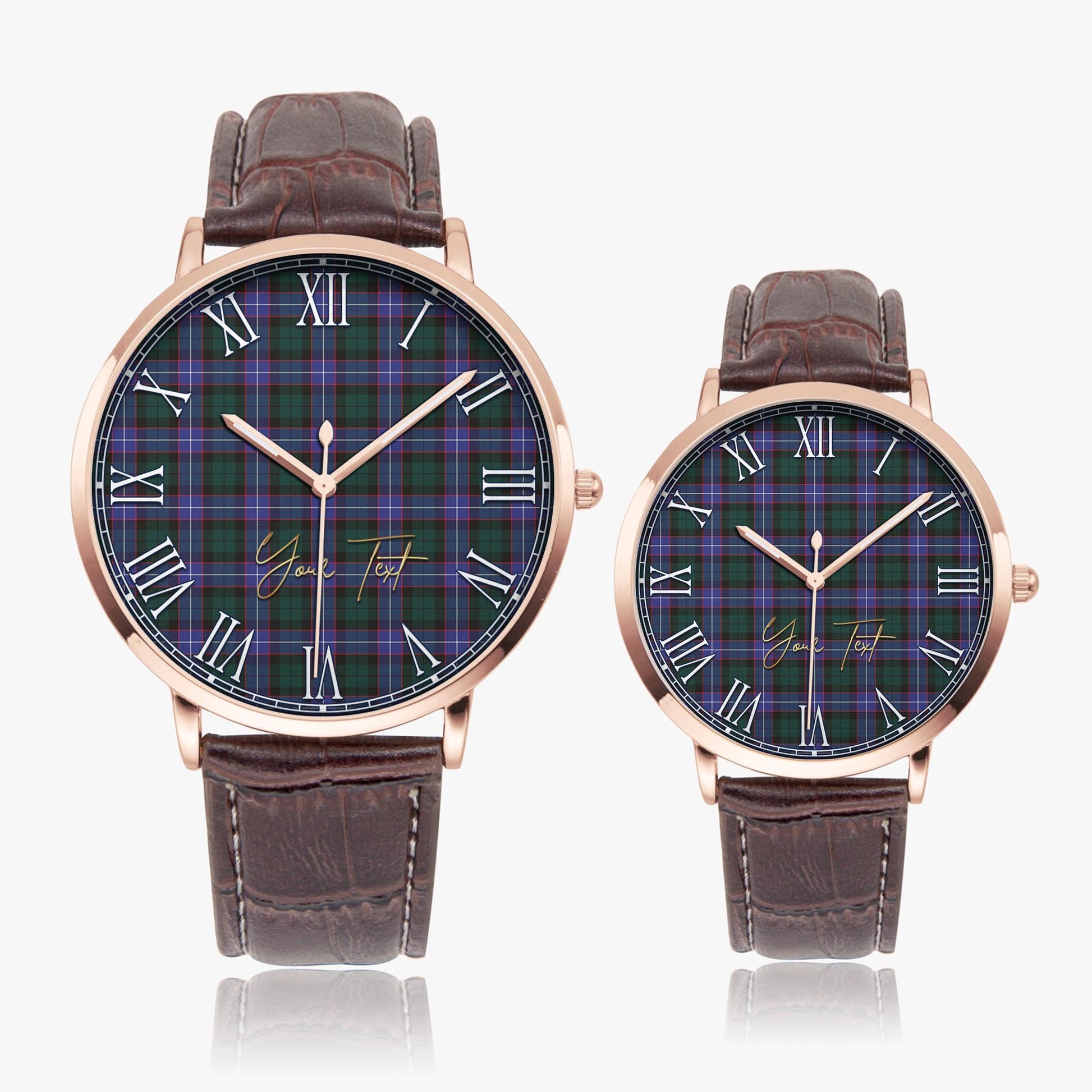 Guthrie Modern Tartan Personalized Your Text Leather Trap Quartz Watch Ultra Thin Rose Gold Case With Brown Leather Strap - Tartanvibesclothing