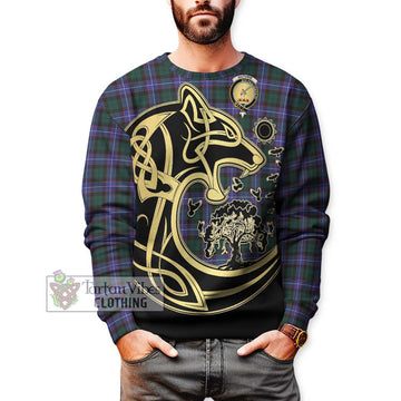 Guthrie Modern Tartan Sweatshirt with Family Crest Celtic Wolf Style