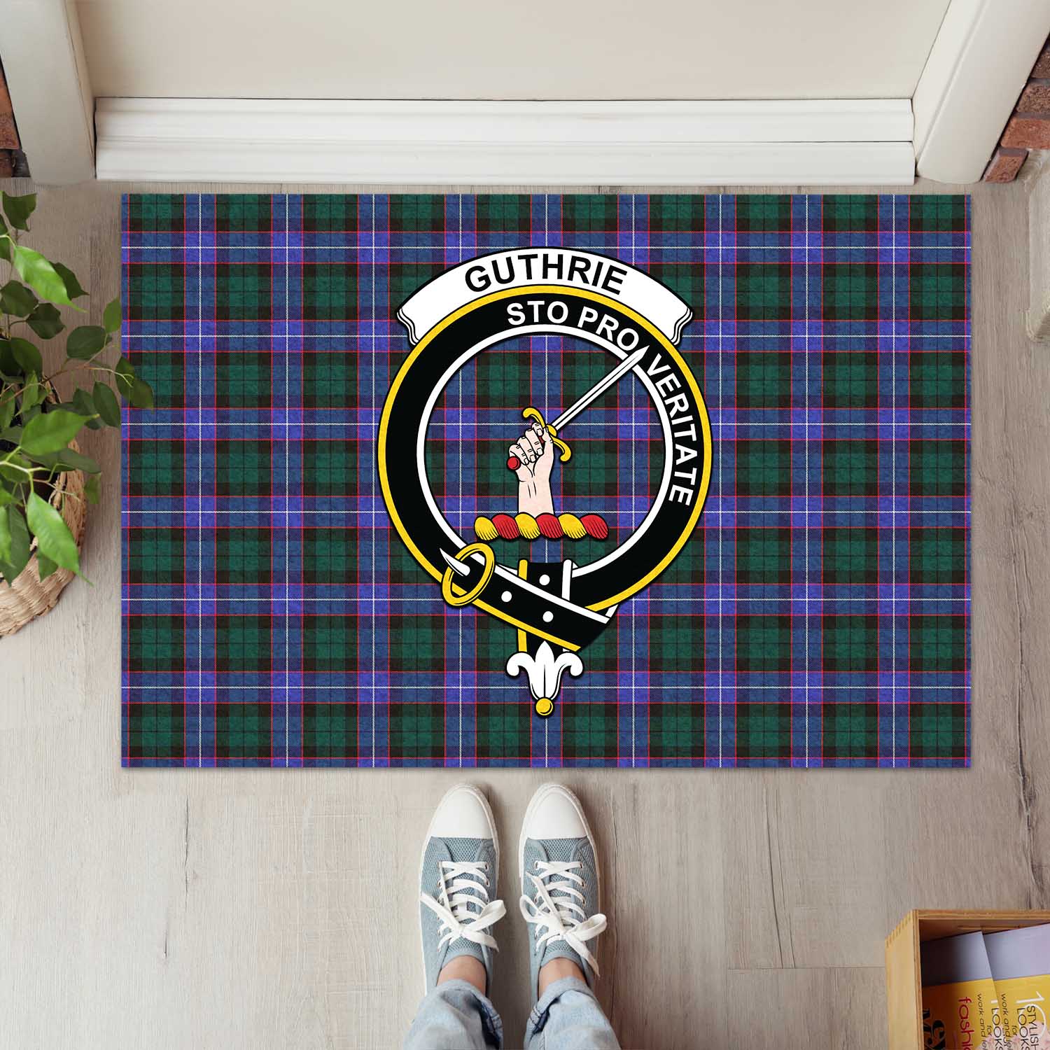 Guthrie Modern Tartan Door Mat with Family Crest - Tartanvibesclothing