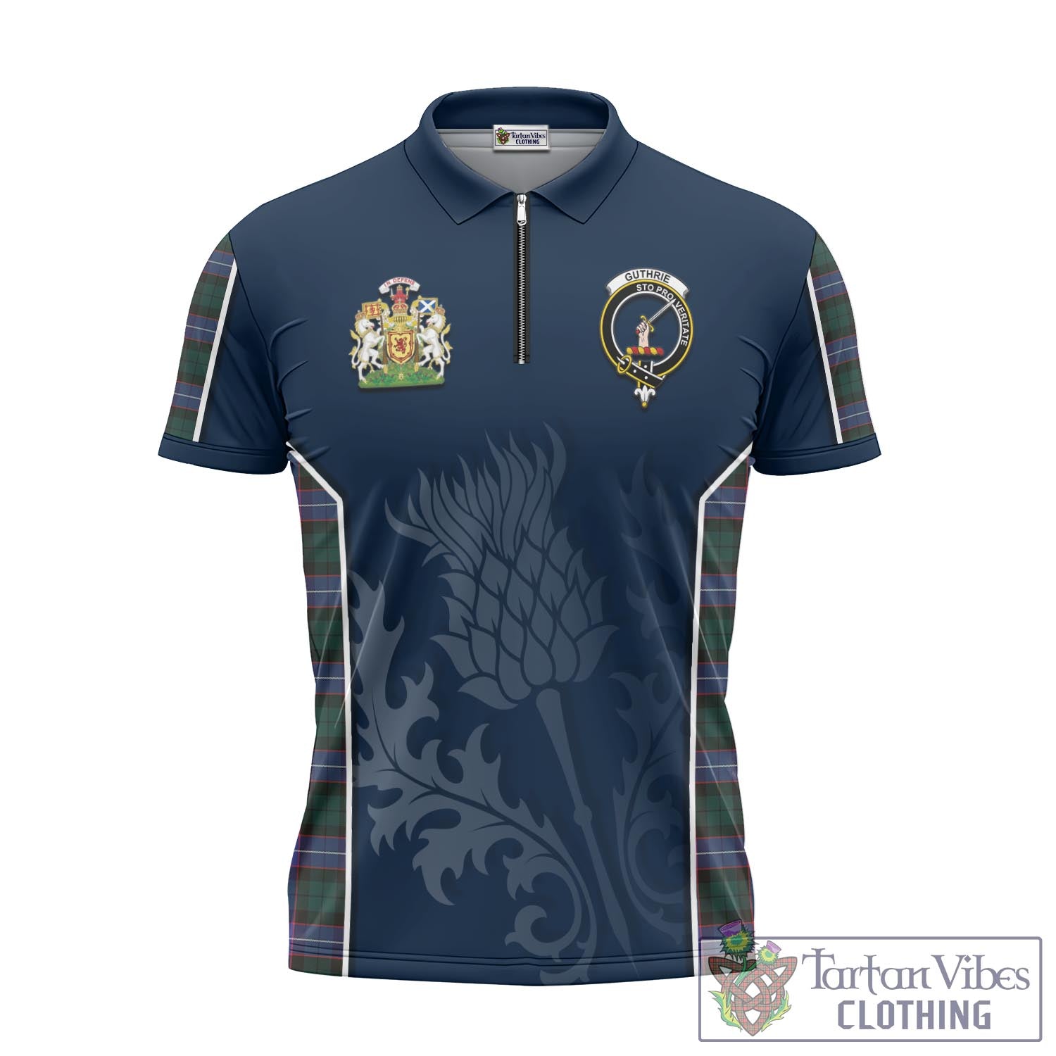 Tartan Vibes Clothing Guthrie Modern Tartan Zipper Polo Shirt with Family Crest and Scottish Thistle Vibes Sport Style