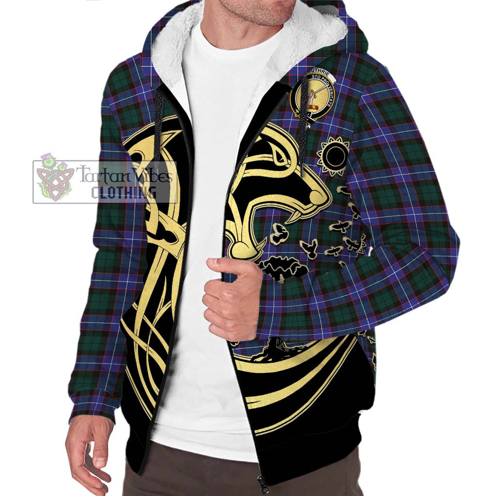 Guthrie Modern Tartan Sherpa Hoodie with Family Crest Celtic Wolf Style Unisex S - Tartan Vibes Clothing