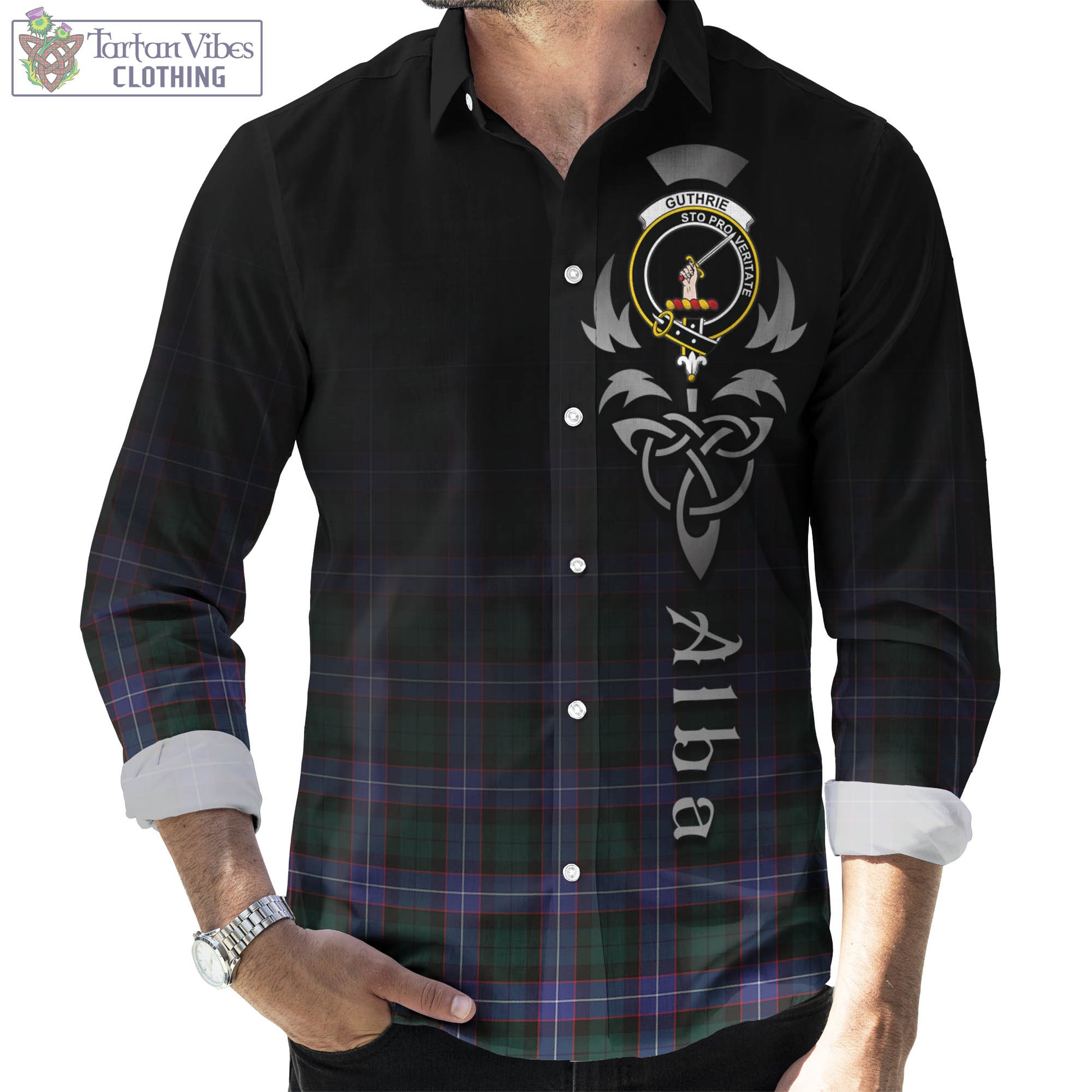 Tartan Vibes Clothing Guthrie Modern Tartan Long Sleeve Button Up Featuring Alba Gu Brath Family Crest Celtic Inspired