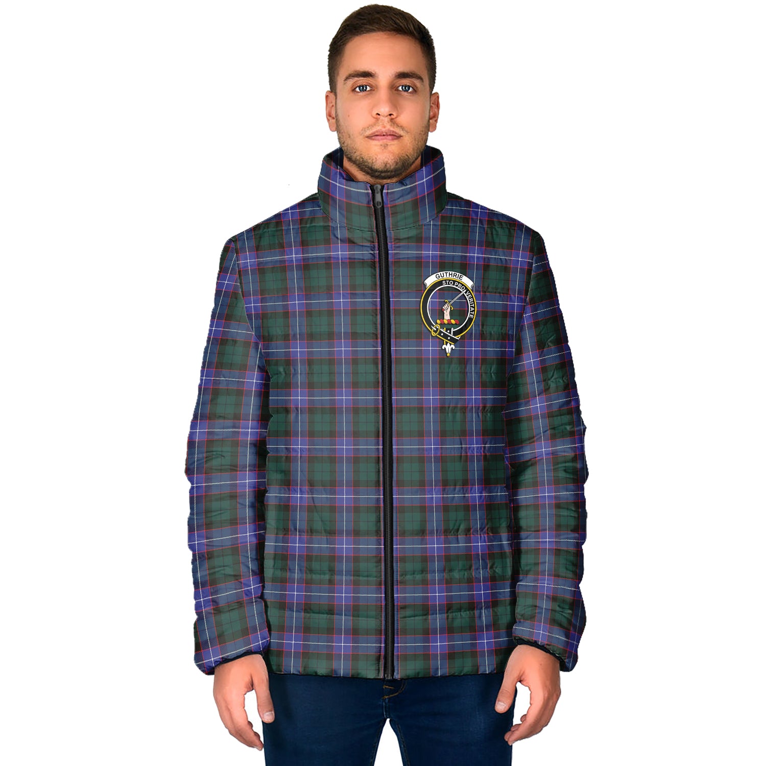 Guthrie Modern Tartan Padded Jacket with Family Crest - Tartan Vibes Clothing