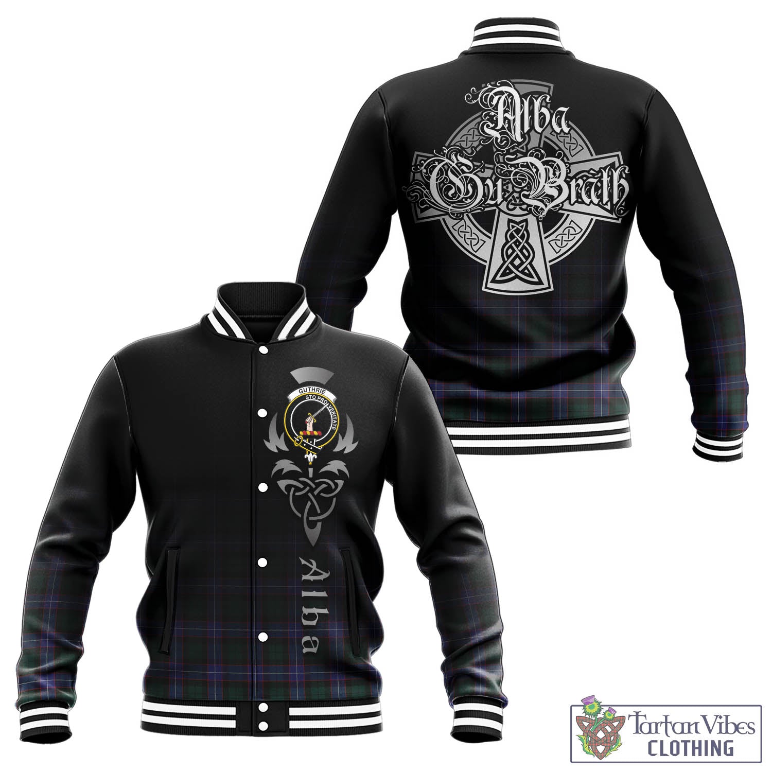 Tartan Vibes Clothing Guthrie Modern Tartan Baseball Jacket Featuring Alba Gu Brath Family Crest Celtic Inspired