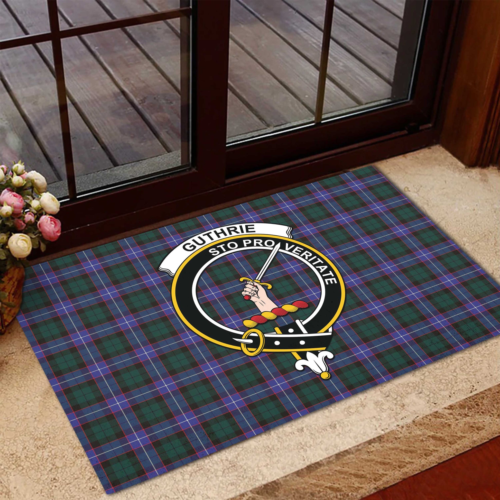 Guthrie Modern Tartan Door Mat with Family Crest - Tartanvibesclothing