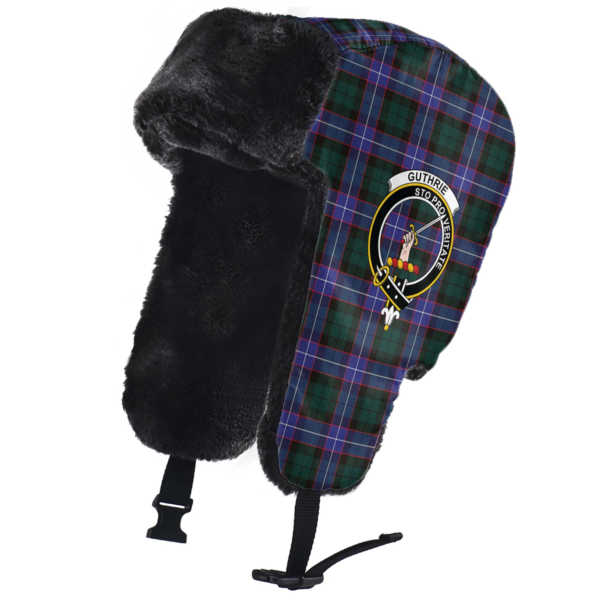 Guthrie Modern Tartan Winter Trapper Hat with Family Crest - Tartanvibesclothing