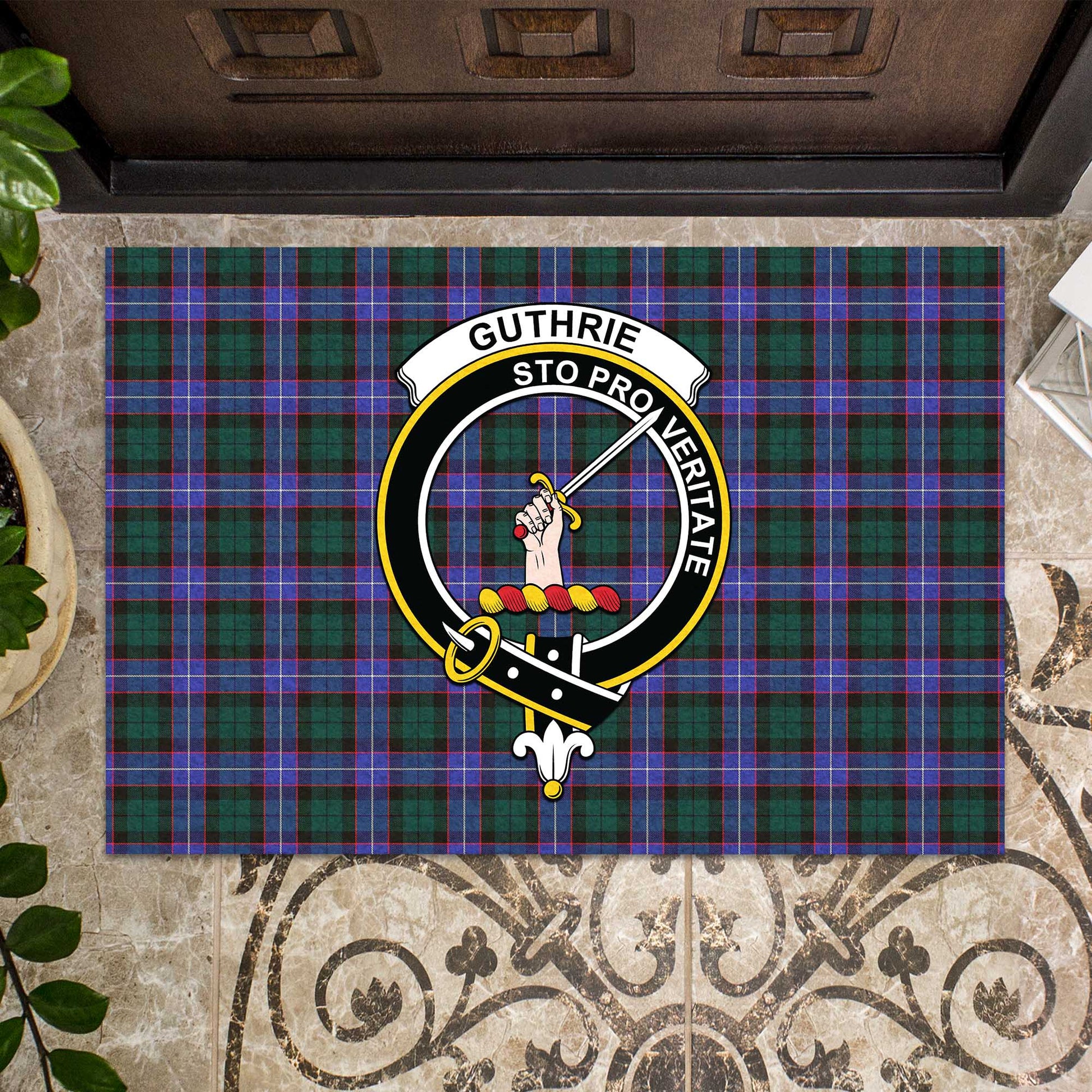 Guthrie Modern Tartan Door Mat with Family Crest - Tartanvibesclothing